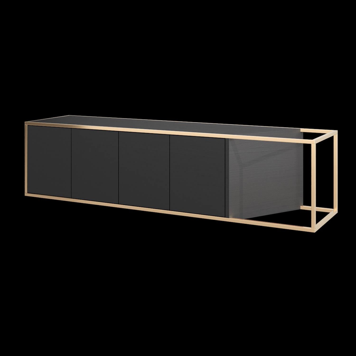 Cherry Modern Minimalist Suspended Credenza Sideboard in Walnut Wood and Brushed Brass For Sale