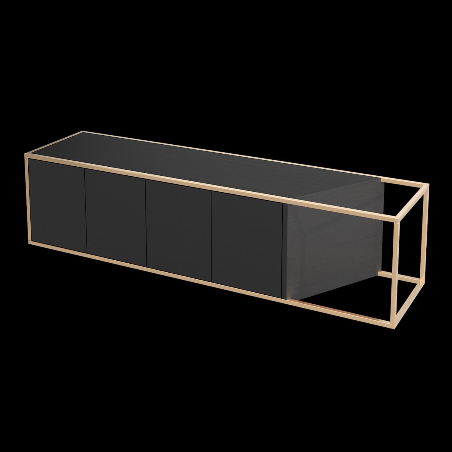 Modern Minimalist Suspended Credenza Sideboard in Walnut Wood and Brushed Brass For Sale 2