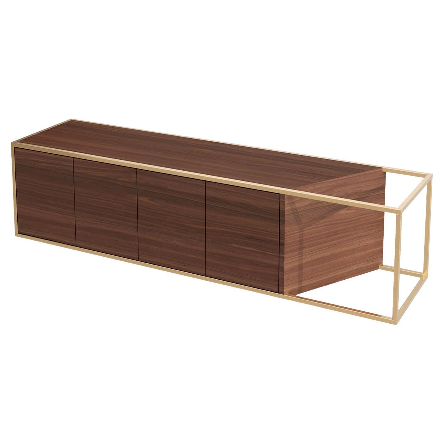 Modern Minimalist Suspended Credenza Sideboard in Walnut Wood and Brushed Brass