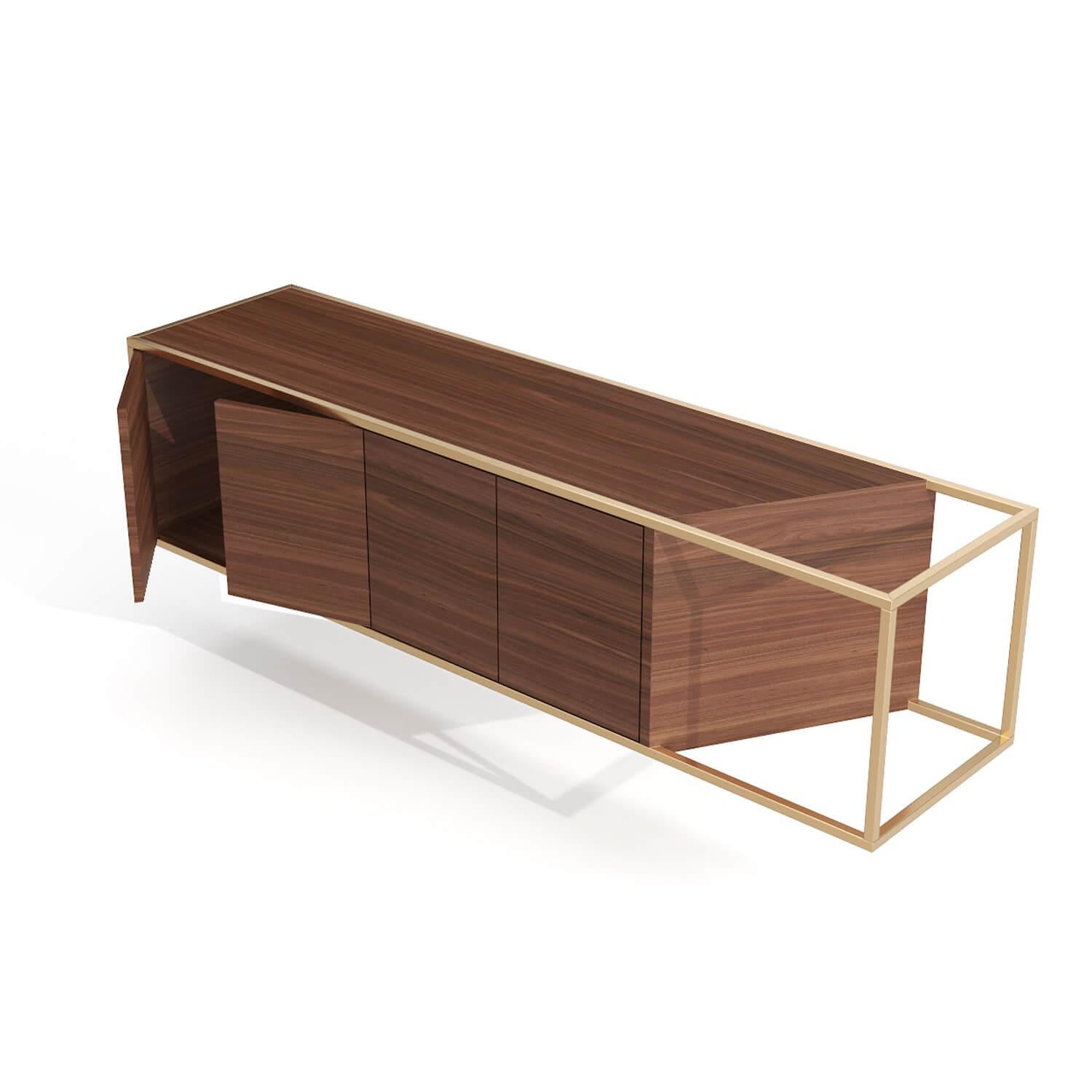 Modern Minimalist Suspended Credenza Sideboard Walnut Wood and Gold Finish For Sale 5