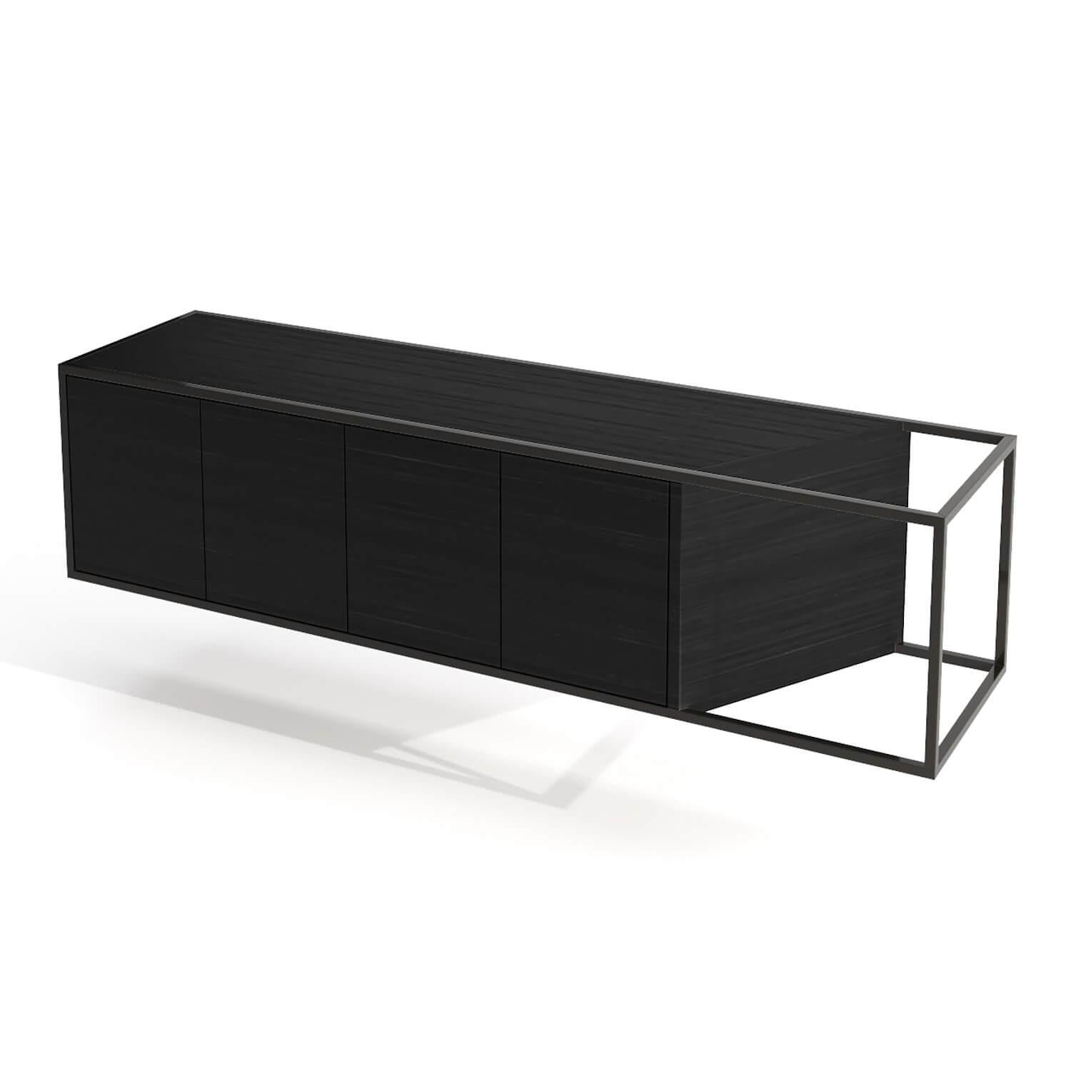 Modern Minimalist Suspended Credenza Sideboard Walnut Wood and Gold Finish For Sale 12