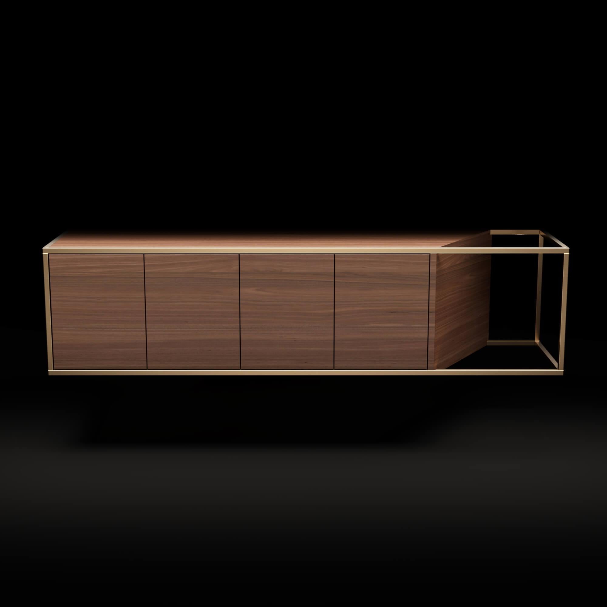 Modern Minimalist Suspended Credenza Sideboard Walnut Wood and Gold Finish For Sale 1