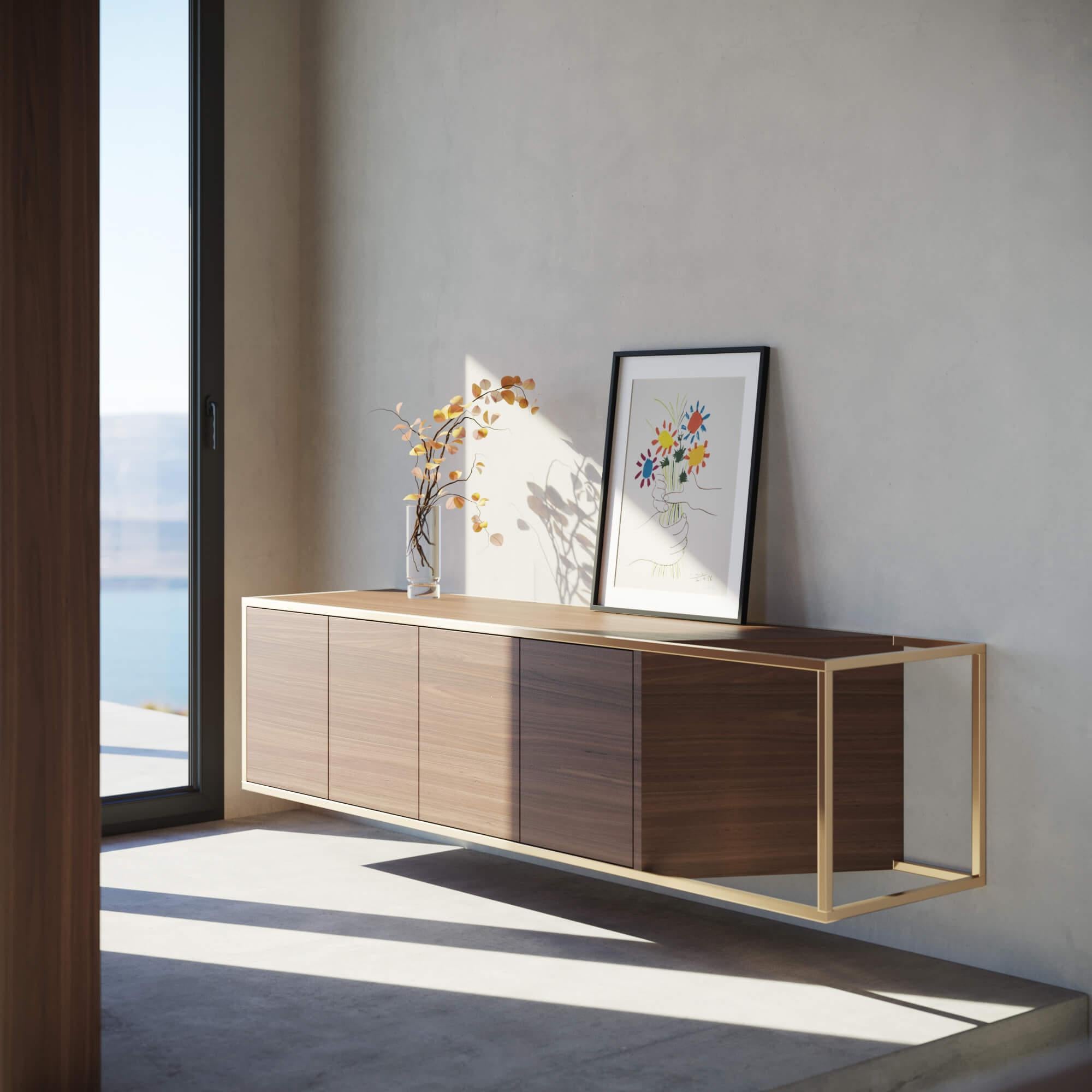 Modern Minimalist Suspended Credenza Sideboard Walnut Wood and Gold Finish For Sale 2