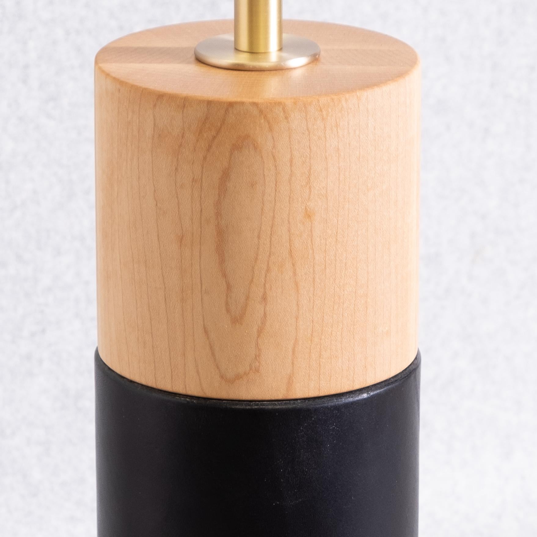 Contemporary Minimalist Table Lamp with Leather-Wrapped Cylindrical Maple Base For Sale