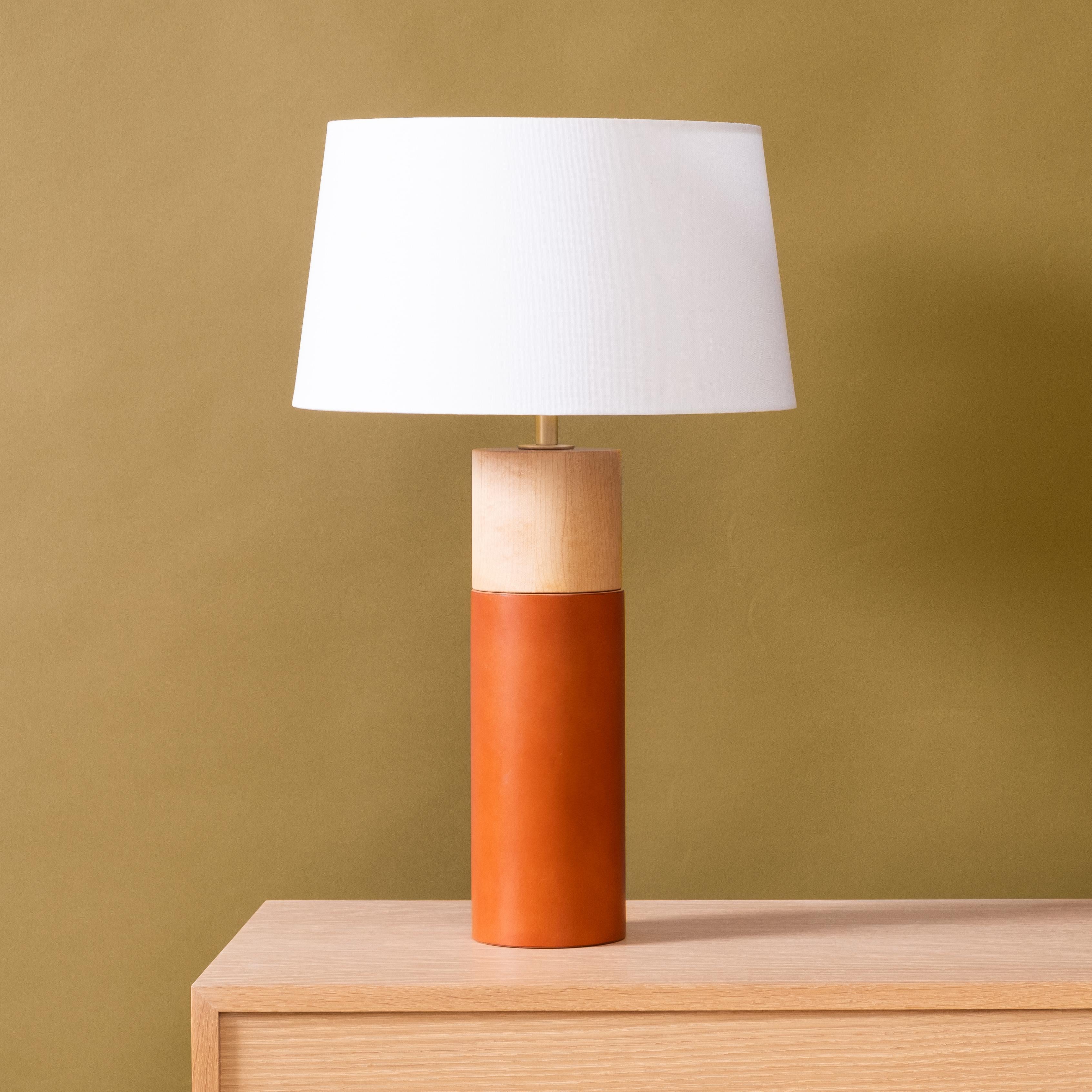 Brass Minimalist Table Lamp with Leather-Wrapped Cylindrical Maple Base For Sale