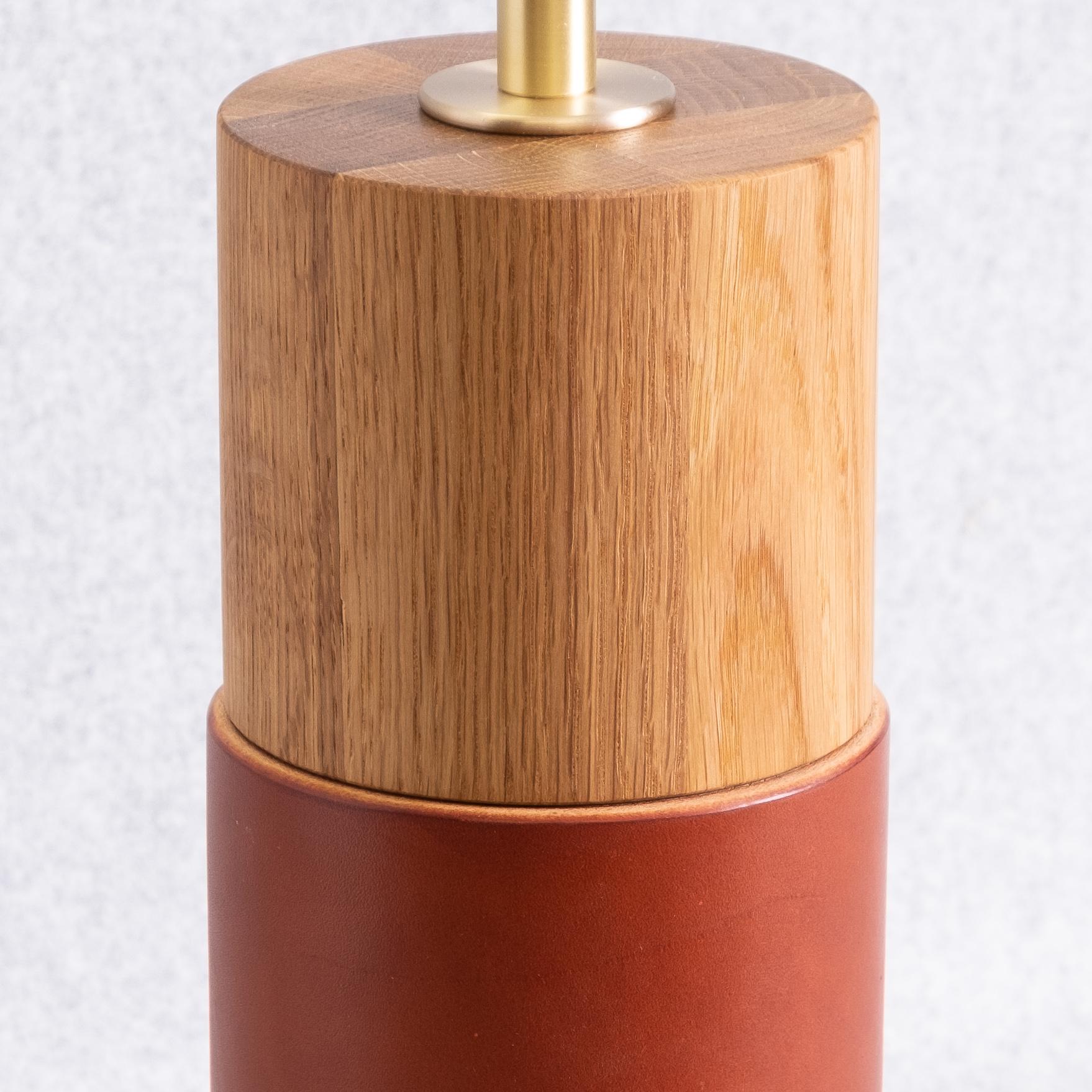 Turned Minimalist Table Lamp with Leather-Wrapped Cylindrical White Oak Base For Sale
