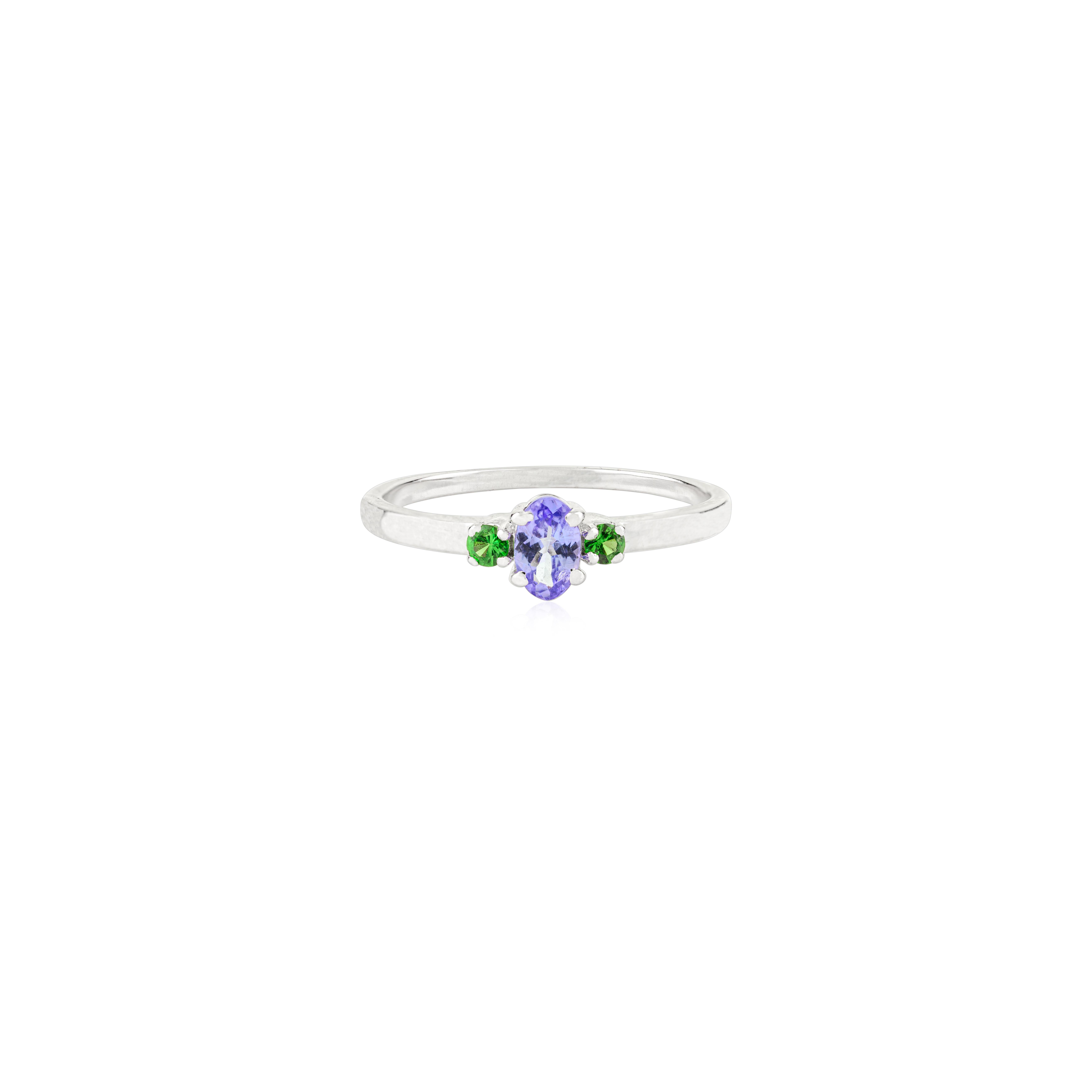 Im Angebot: Minimalistische Tansanit & Tsavorit Drei-Stein-Ring in 14k Weißgold Schmuck Geschenk () 9
