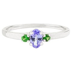 Bague trois pierres en or blanc 14 carats Tanzanite et Tsavorite Minimalist Jewelry Gift