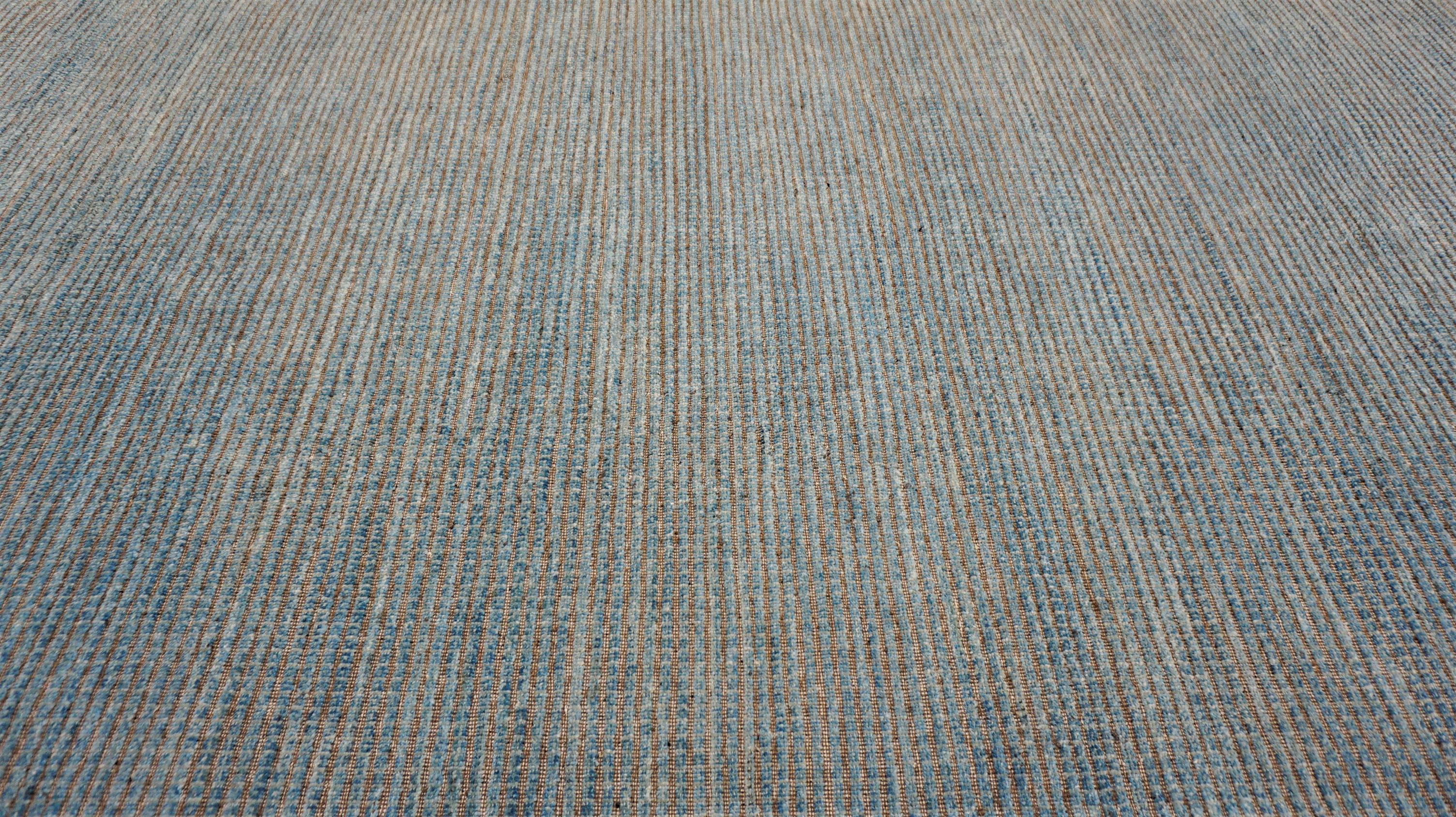 Pakistani Minimalist Textured Soft Blue Brown  Toned Wool Rug 9'8''x14'2'' For Sale