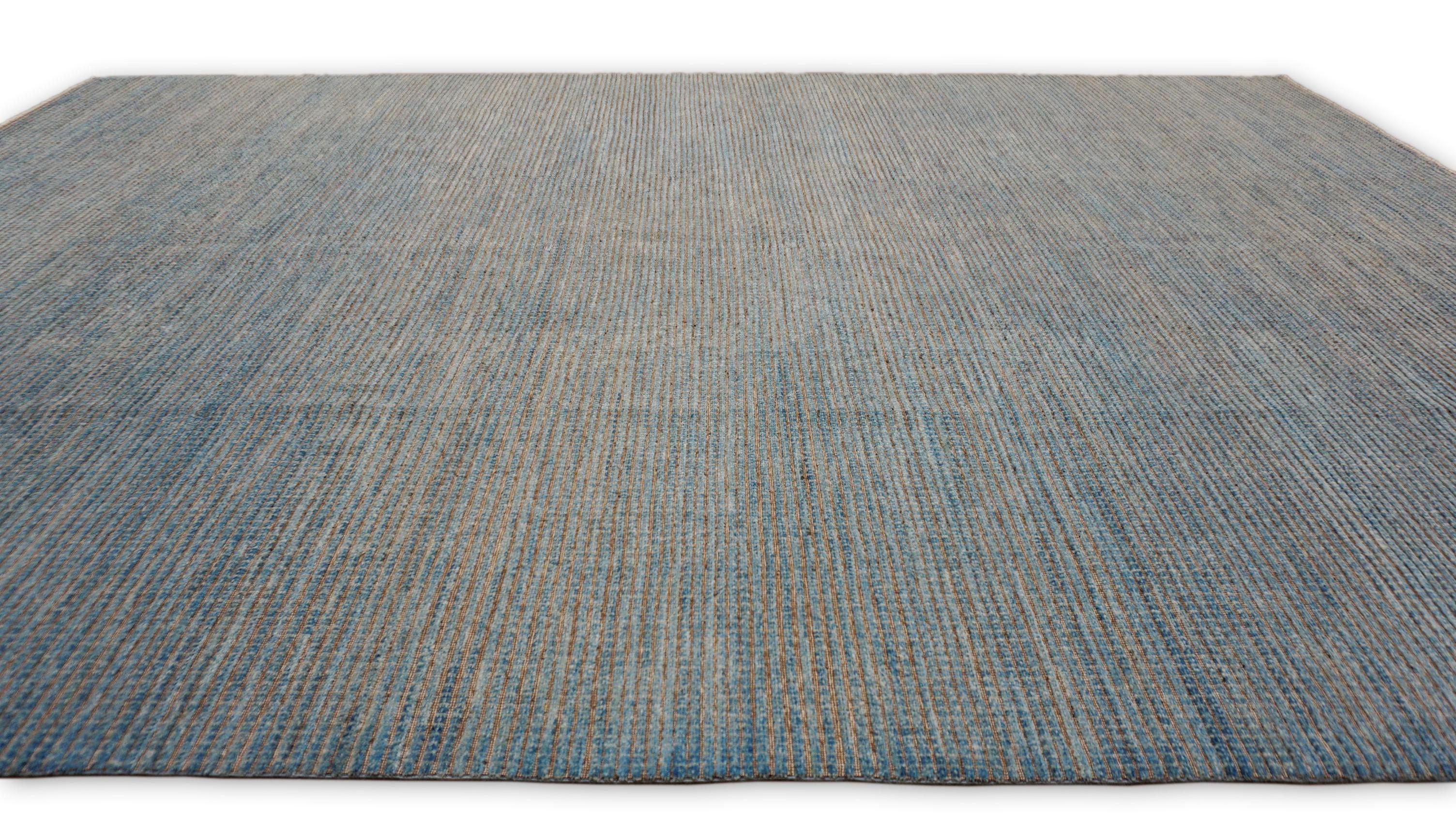 Hand-Knotted Minimalist Textured Soft Blue Brown  Toned Wool Rug 9'8''x14'2'' For Sale