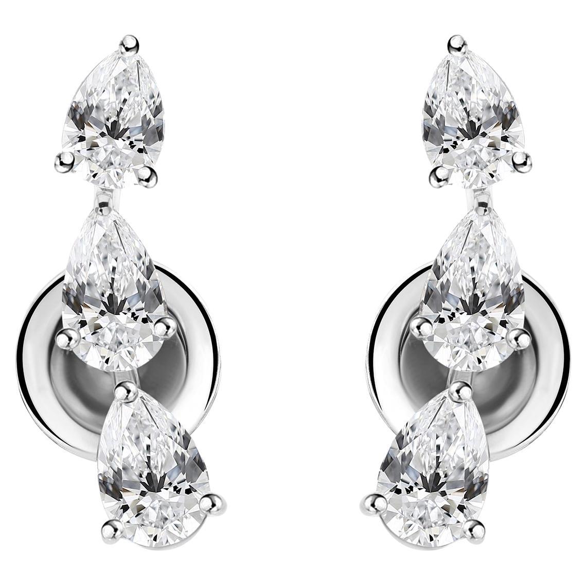 Three Pear Cut 1.66 Carat Diamond Cimber Stud Earrings 14k White Gold