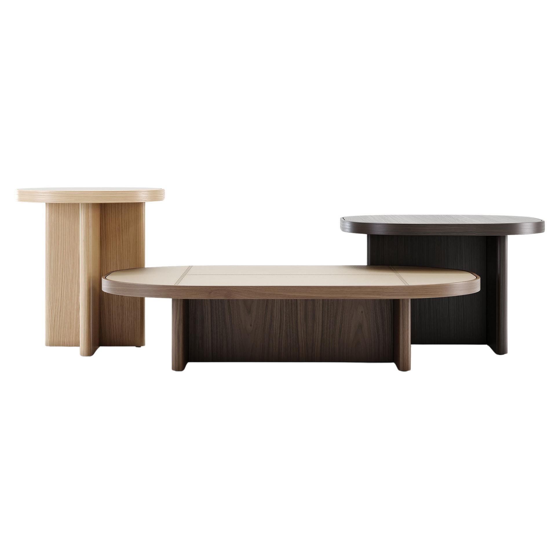 Minimalist Three-Piece Table Set with Customizable Finishes For Sale
