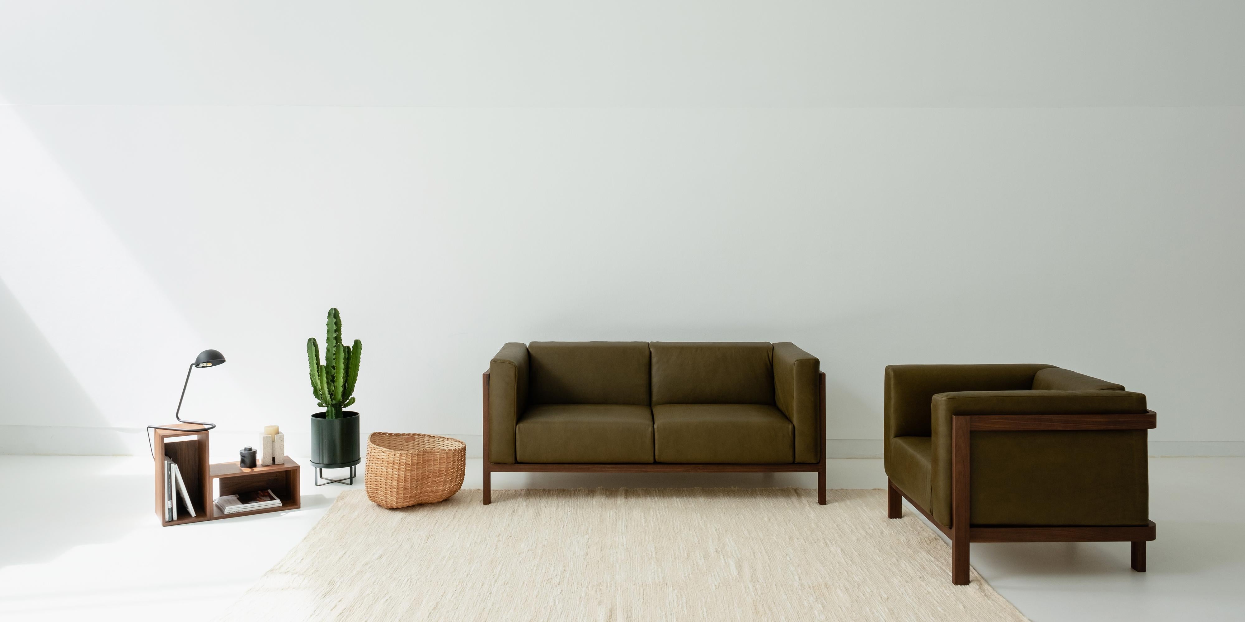 Minimalist three seater sofa oak - fabric upholstered For Sale 1