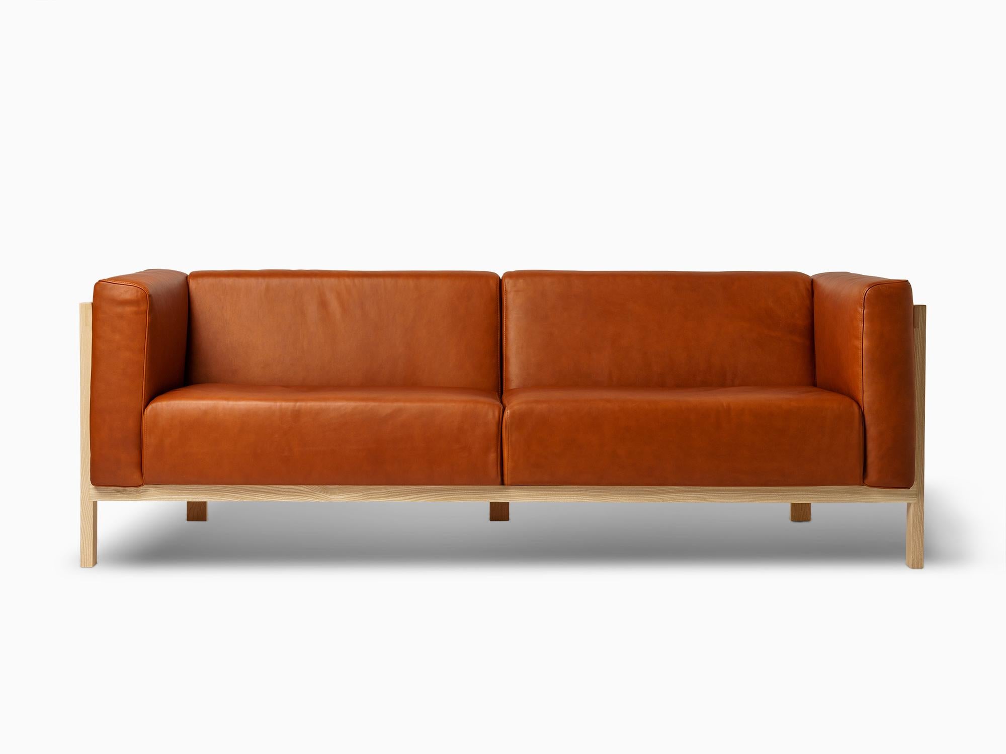 Portuguese Minimalist three seater sofa oak - leather upholstered For Sale