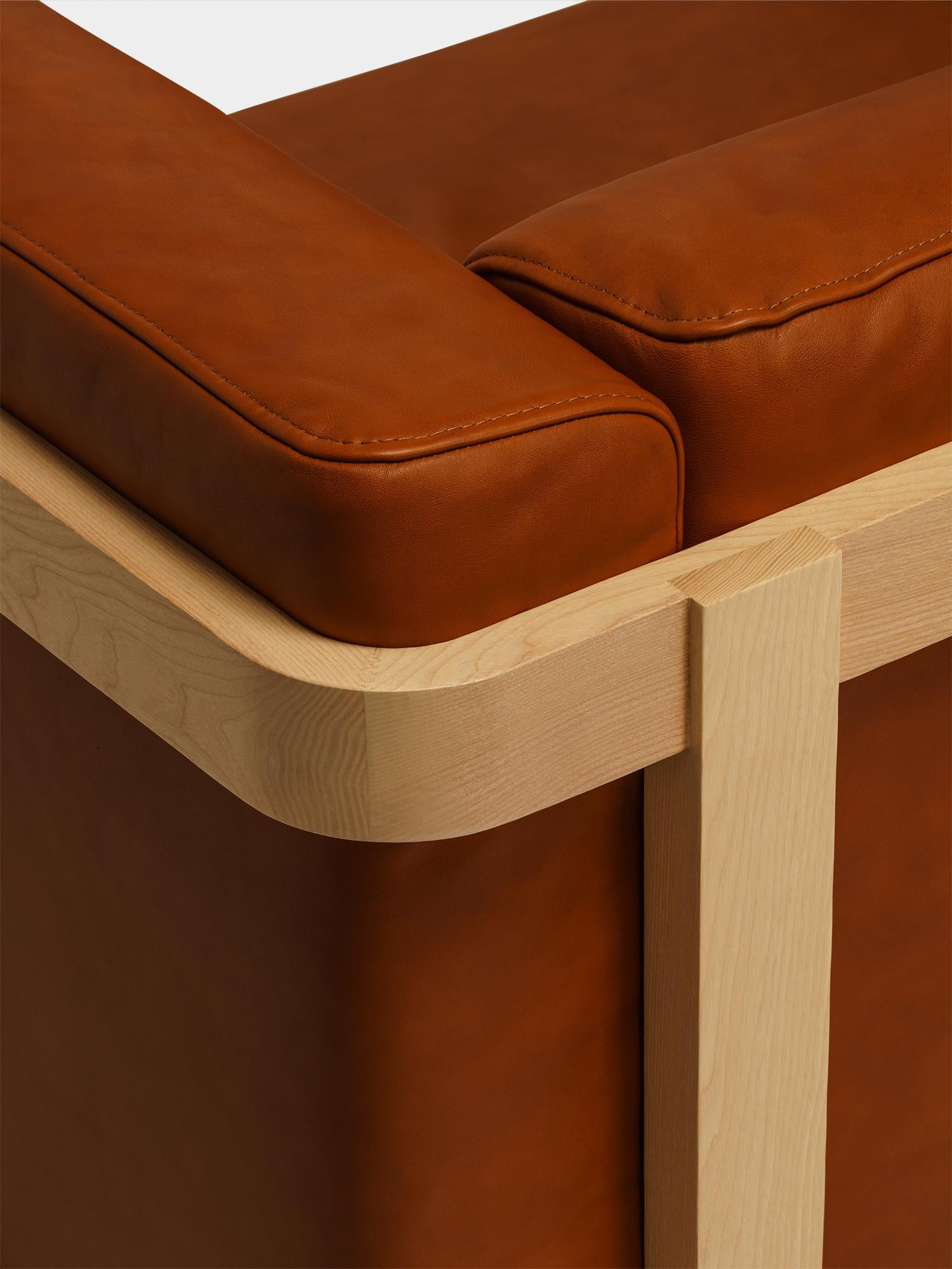 Minimalist three seater sofa oak - leather upholstered For Sale 1