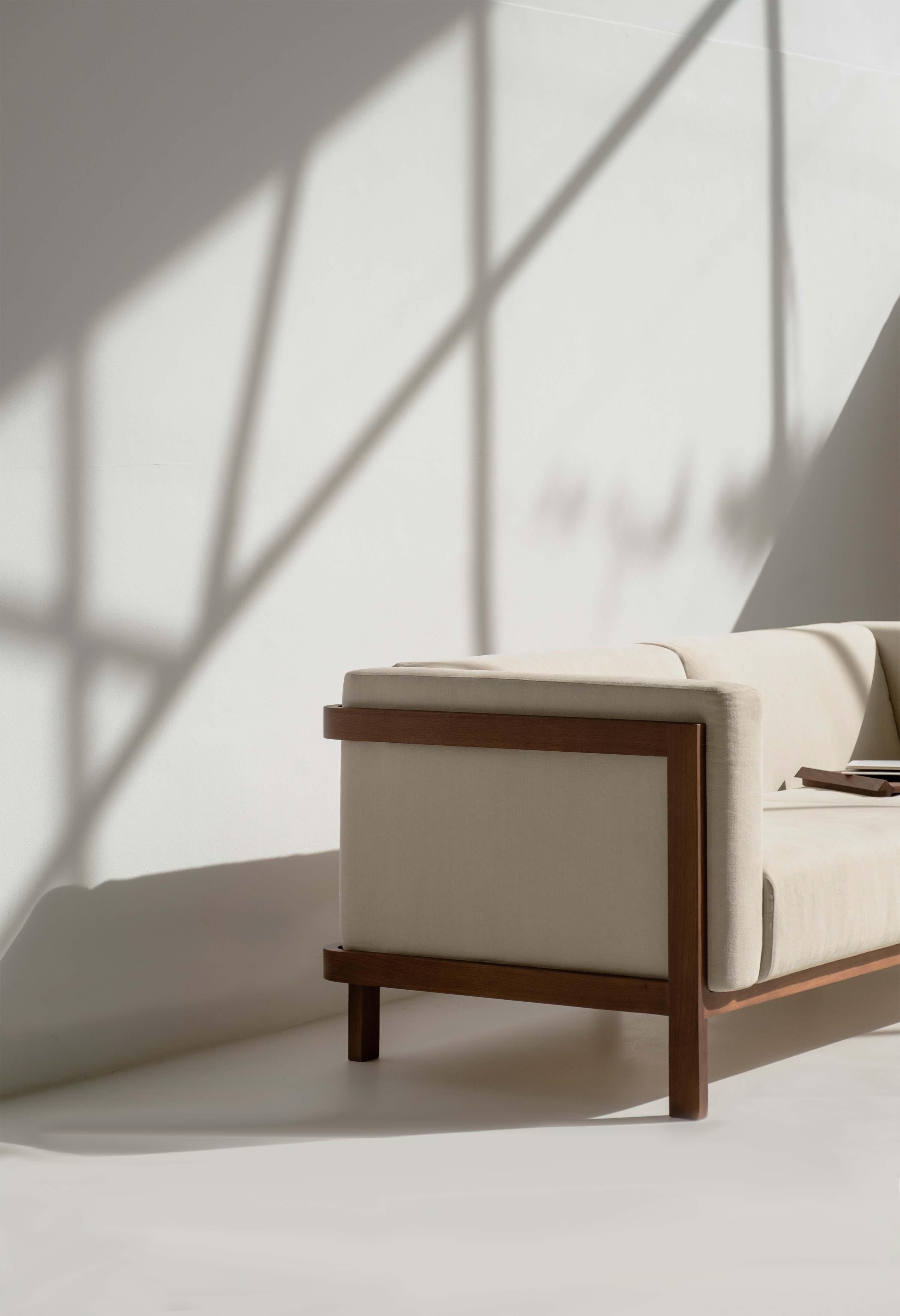 Minimalist three seater sofa walnut - fabric upholstered For Sale 7