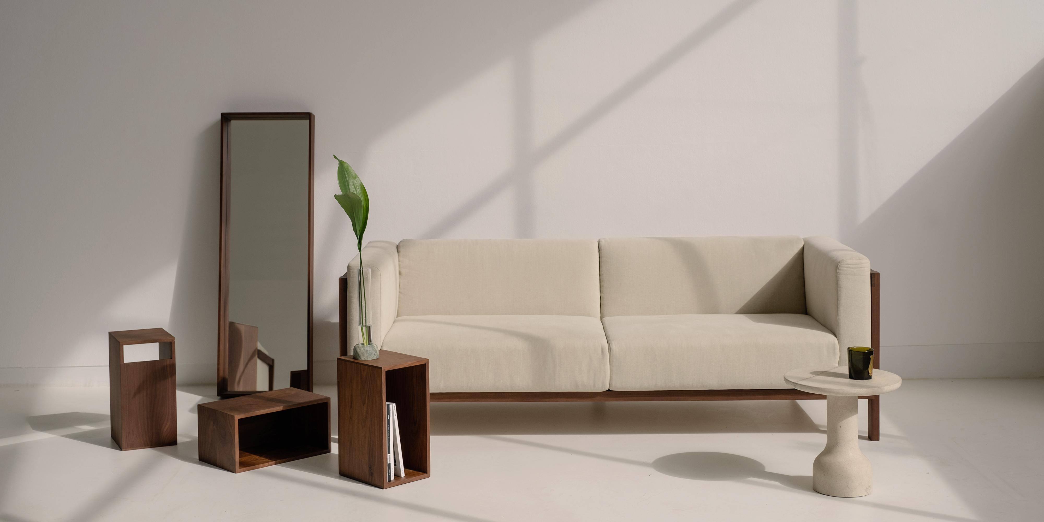Modern Minimalist three seater sofa walnut - fabric upholstered For Sale