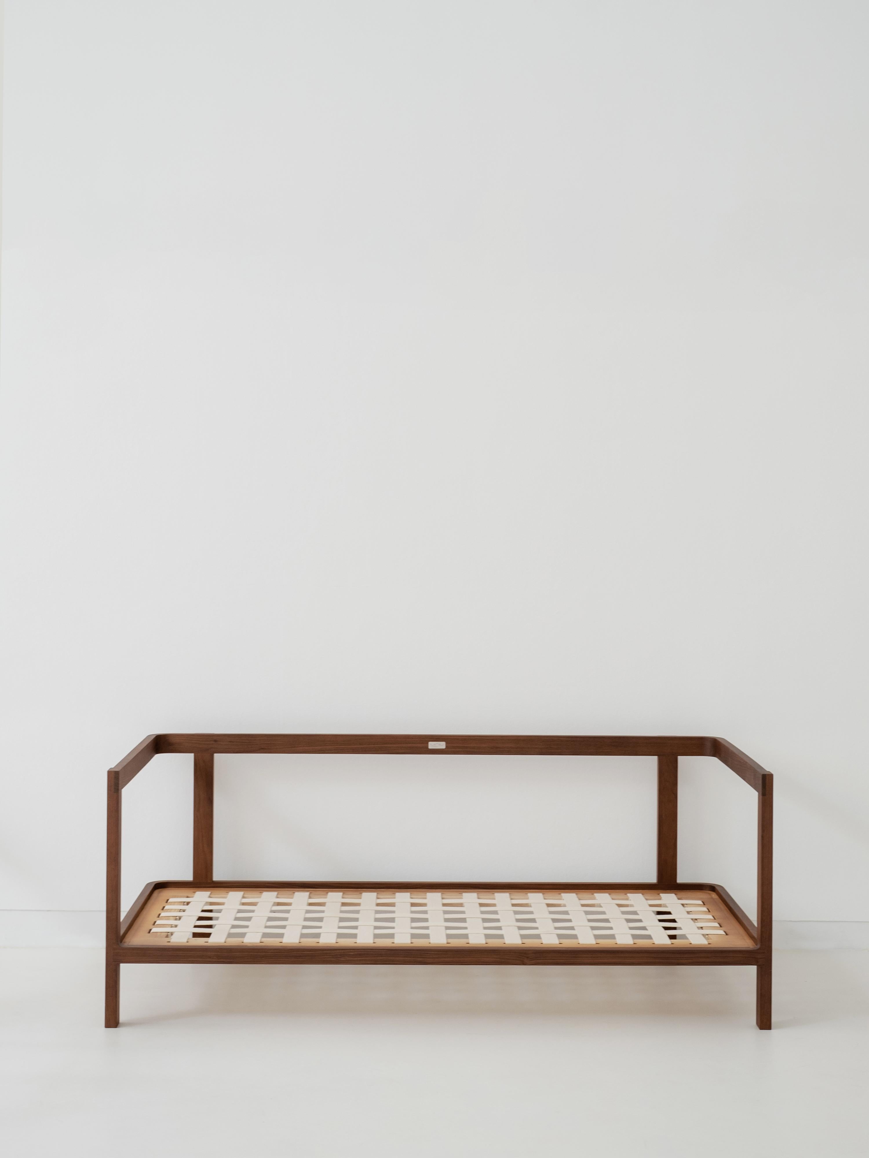Minimalist three seater sofa walnut - leather upholstered For Sale 10