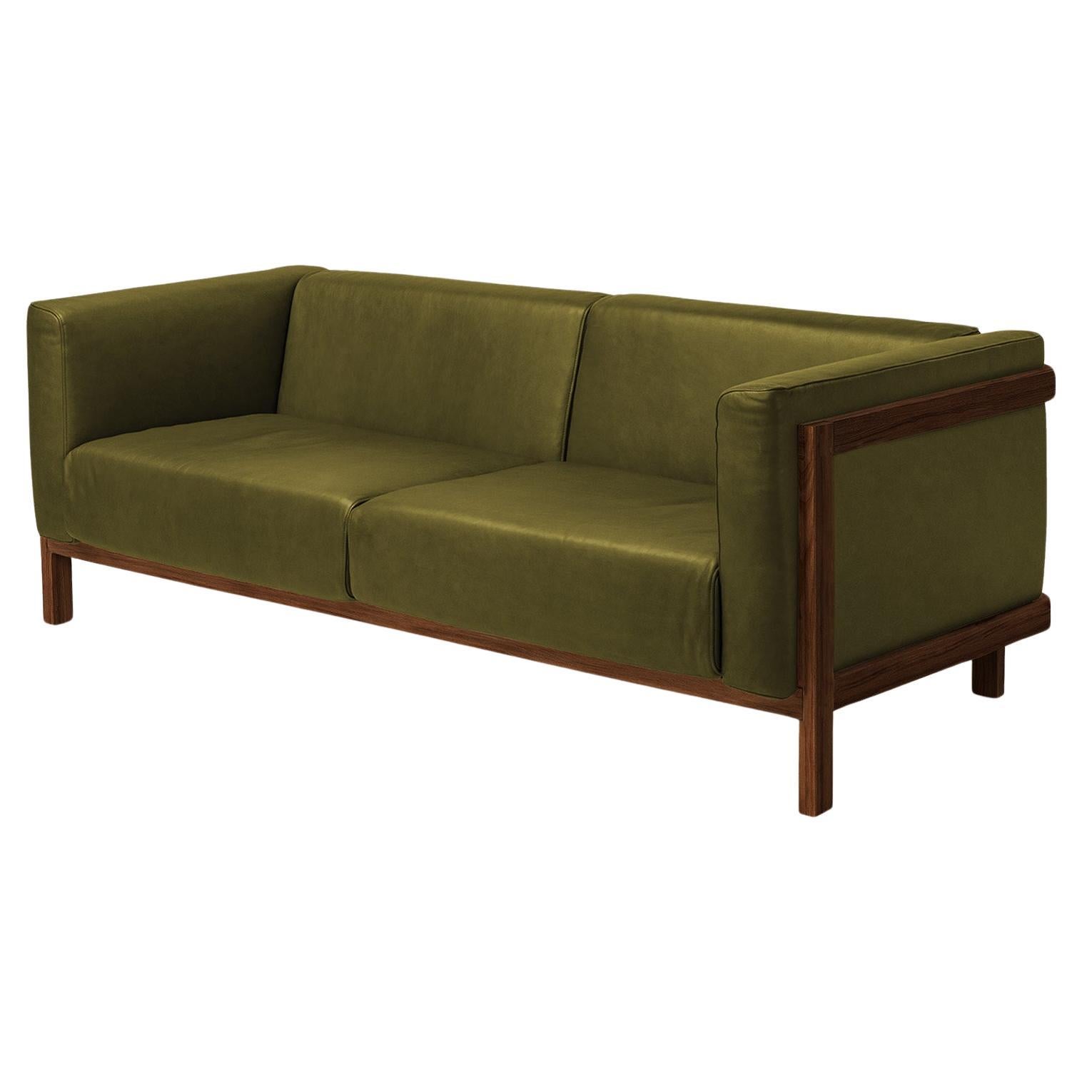 Minimalist three seater sofa walnut - leather upholstered For Sale