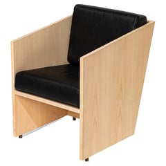 Minimalist Timeless Armchair in Ash Wood and Black Leather