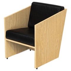 Minimalist Timeless Armchair in Oak Wood and Black Leather