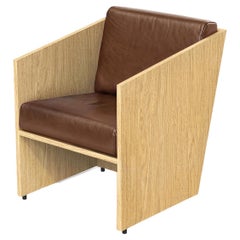Minimalist Timeless Armchair in Oak Wood and Brown Leather