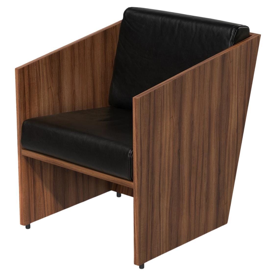 Minimalist Timeless Armchair in Walnut Wood and Black Leather