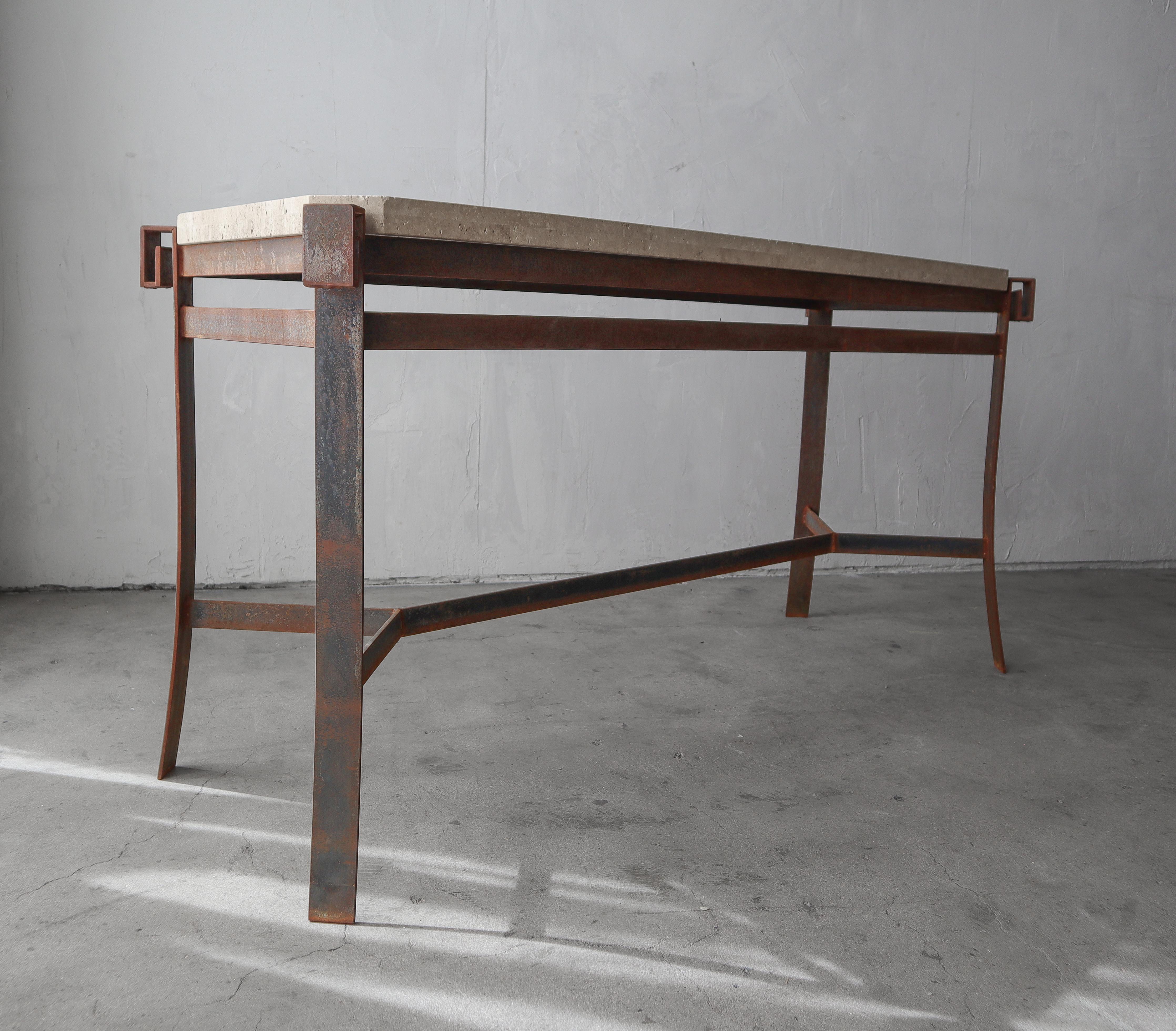 20th Century Minimalist Travertine and Iron Console Table For Sale