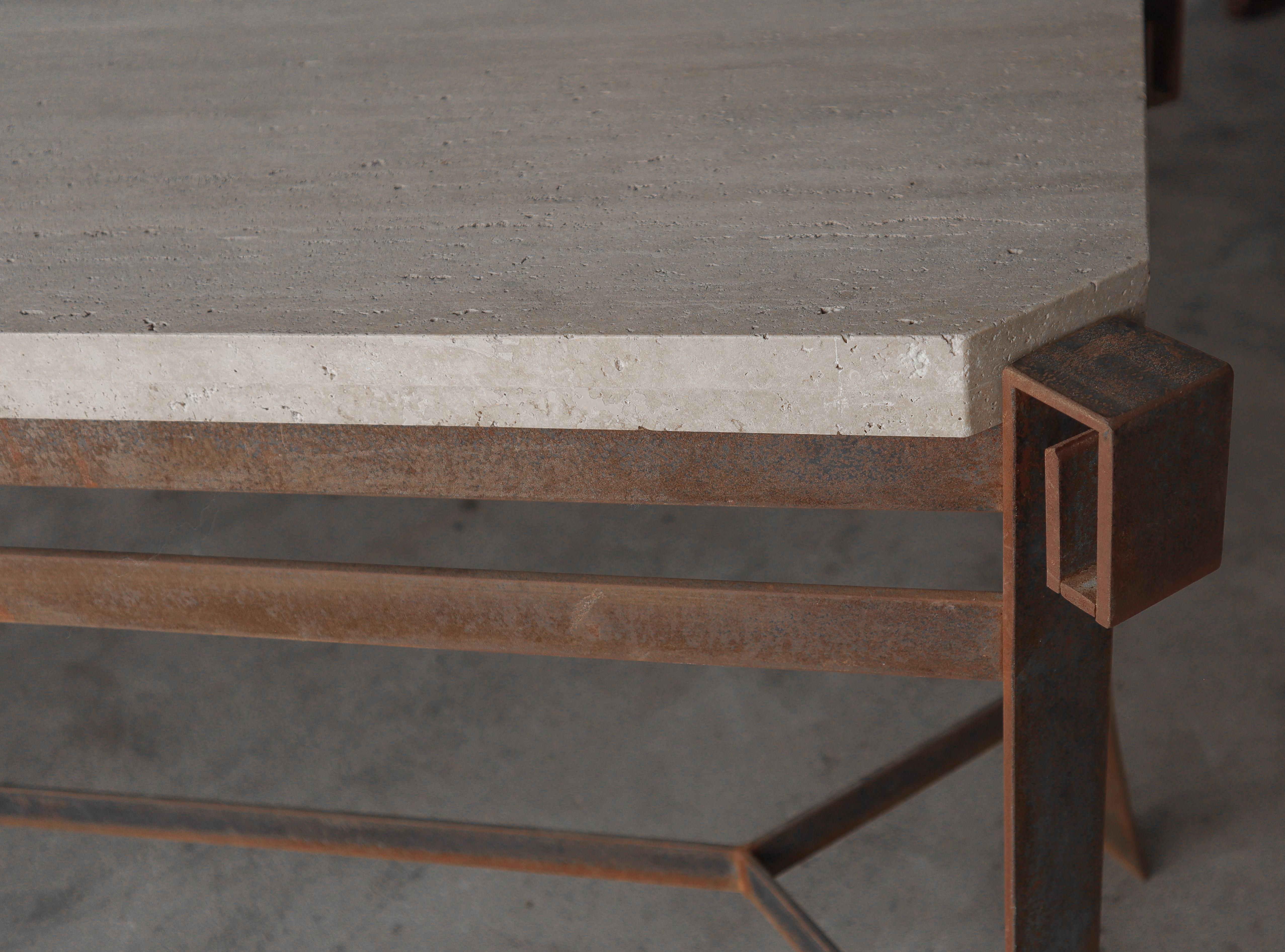 Minimalist Travertine and Iron Console Table For Sale 2