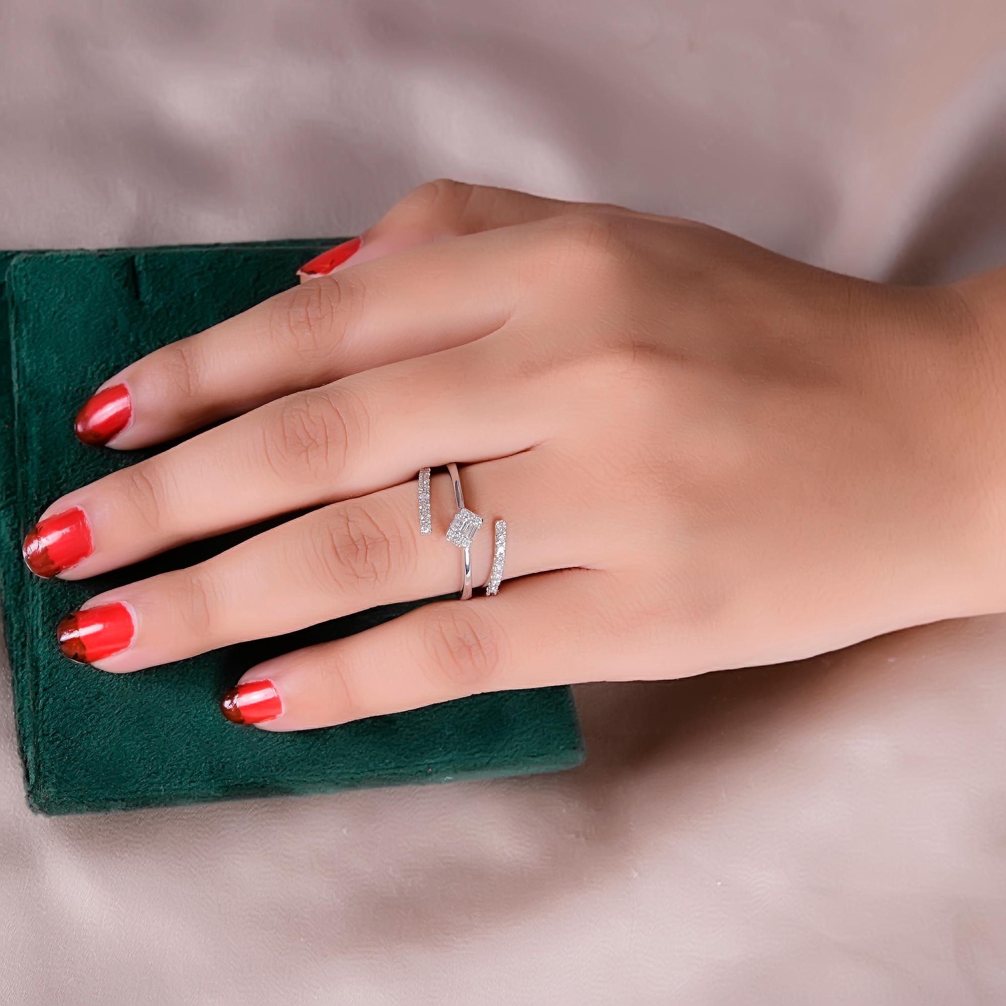 For Sale:  Natural SI/H Diamond Stackable Three Line Wide Ring 18K White Gold Fine Jewelry 2