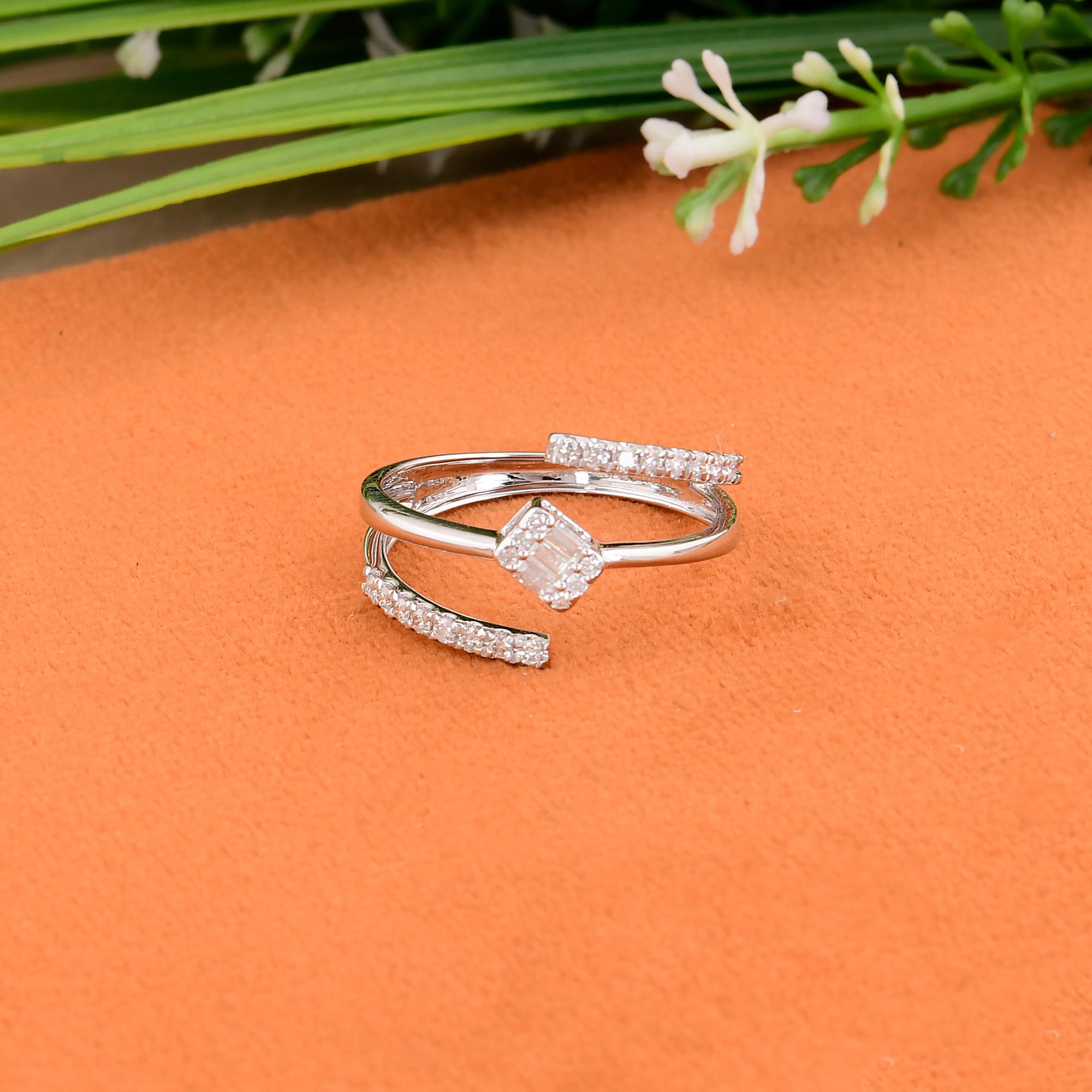 For Sale:  Natural SI/H Diamond Stackable Three Line Wide Ring 18K White Gold Fine Jewelry 4