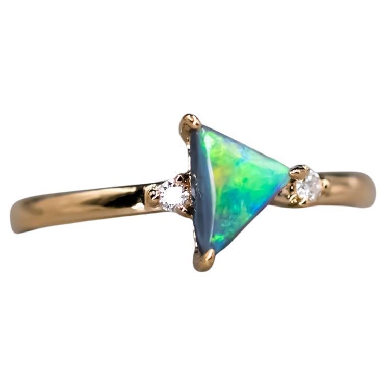 Minimalist Triangle Shaped Australian Black Opal Diamond Engagement Ring 18K