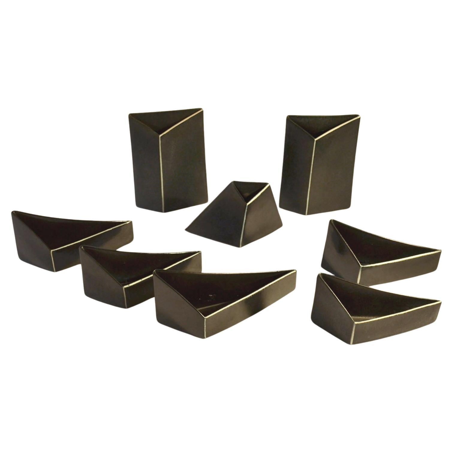 Minimalist Triangular Black and White Ceramic Bowls and Vases For Sale