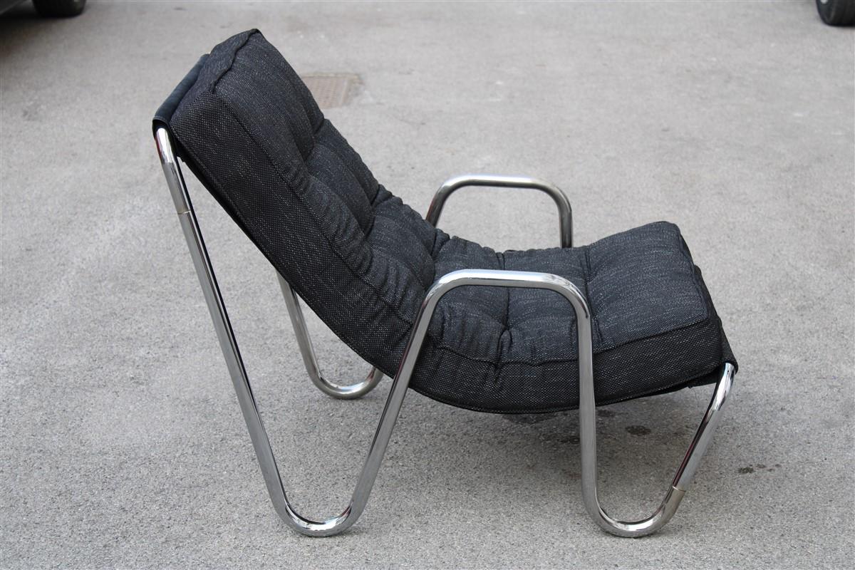Late 20th Century Minimalist Tubular Armchair Chrome Metal Black Fabric, Italy, 1970s For Sale
