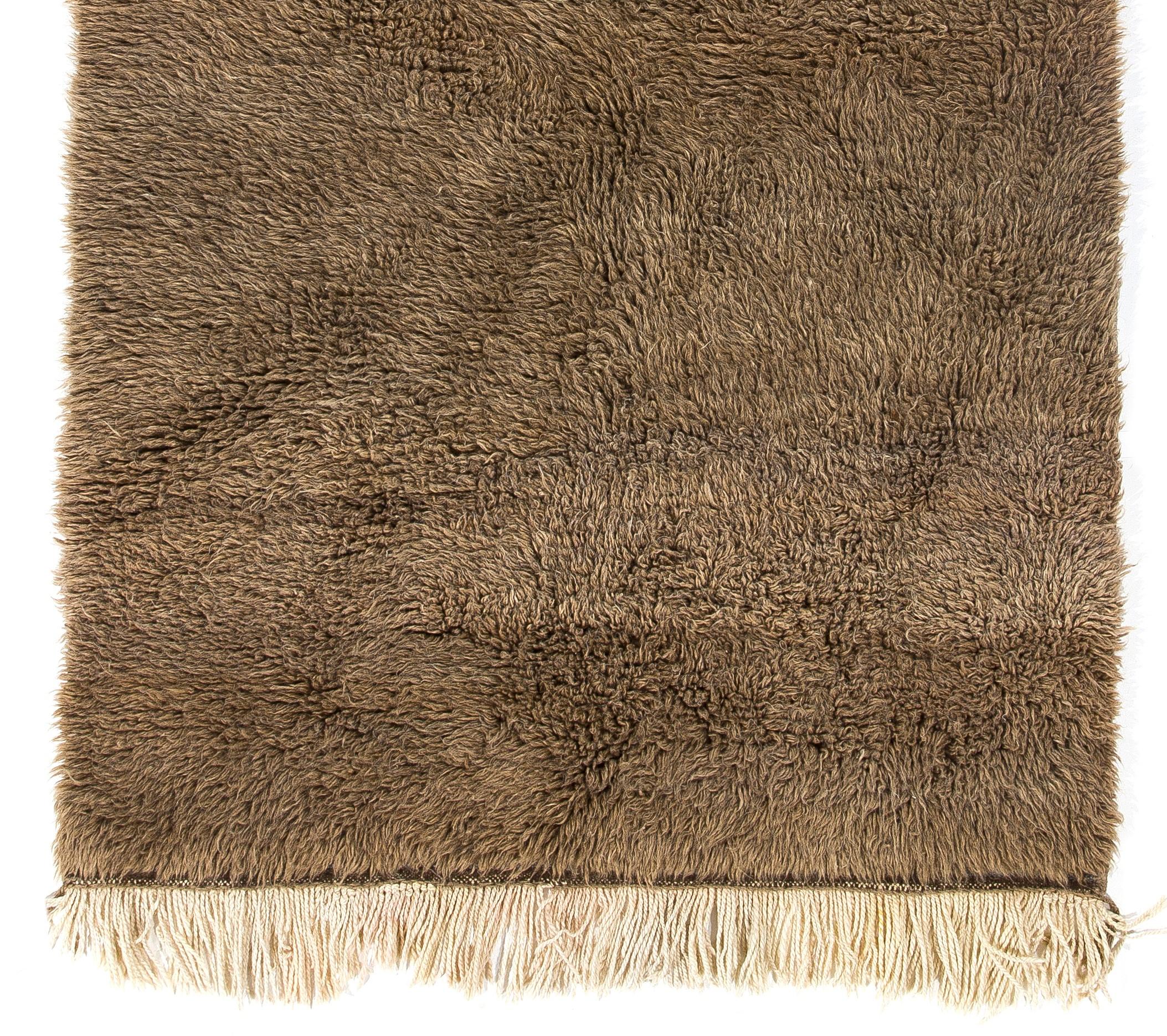 4,2x7 Ft Minimalistischer Tulu-Teppich, 100 % natürliche braune Wolle, einfach, weich und gemütlich (Türkisch)