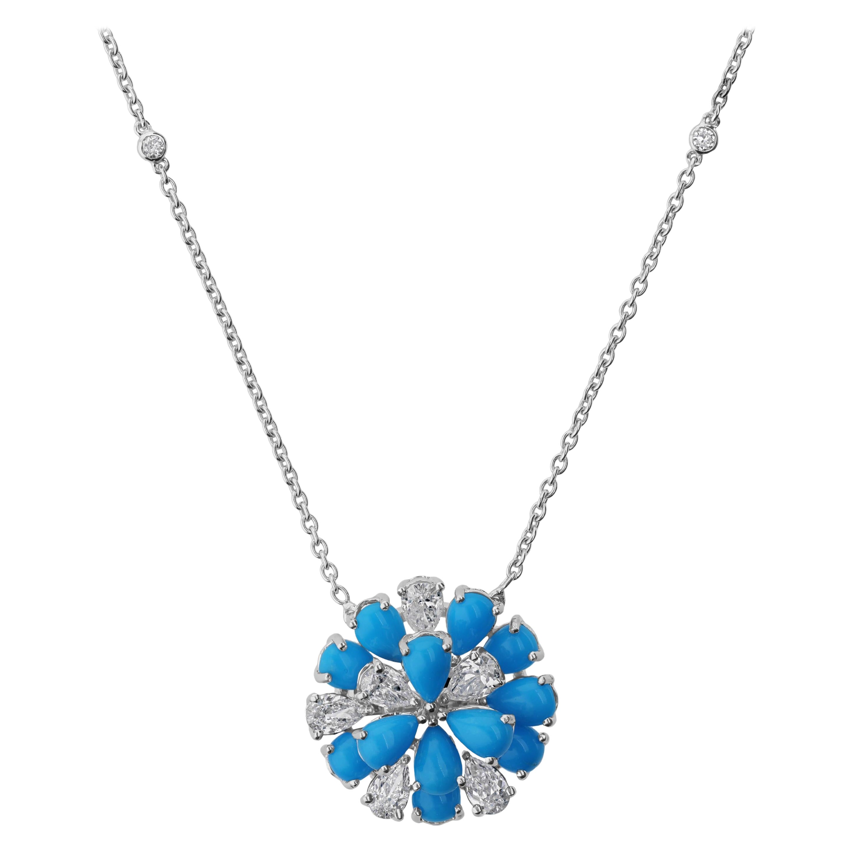 Collar minimalista de cadena con colgante de racimo de diamantes turquesa en oro blanco de 14k
