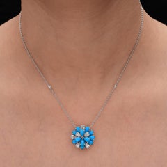 Minimalist Turquoise Diamond Cluster Pendant Chain Necklace in 18k White Gold