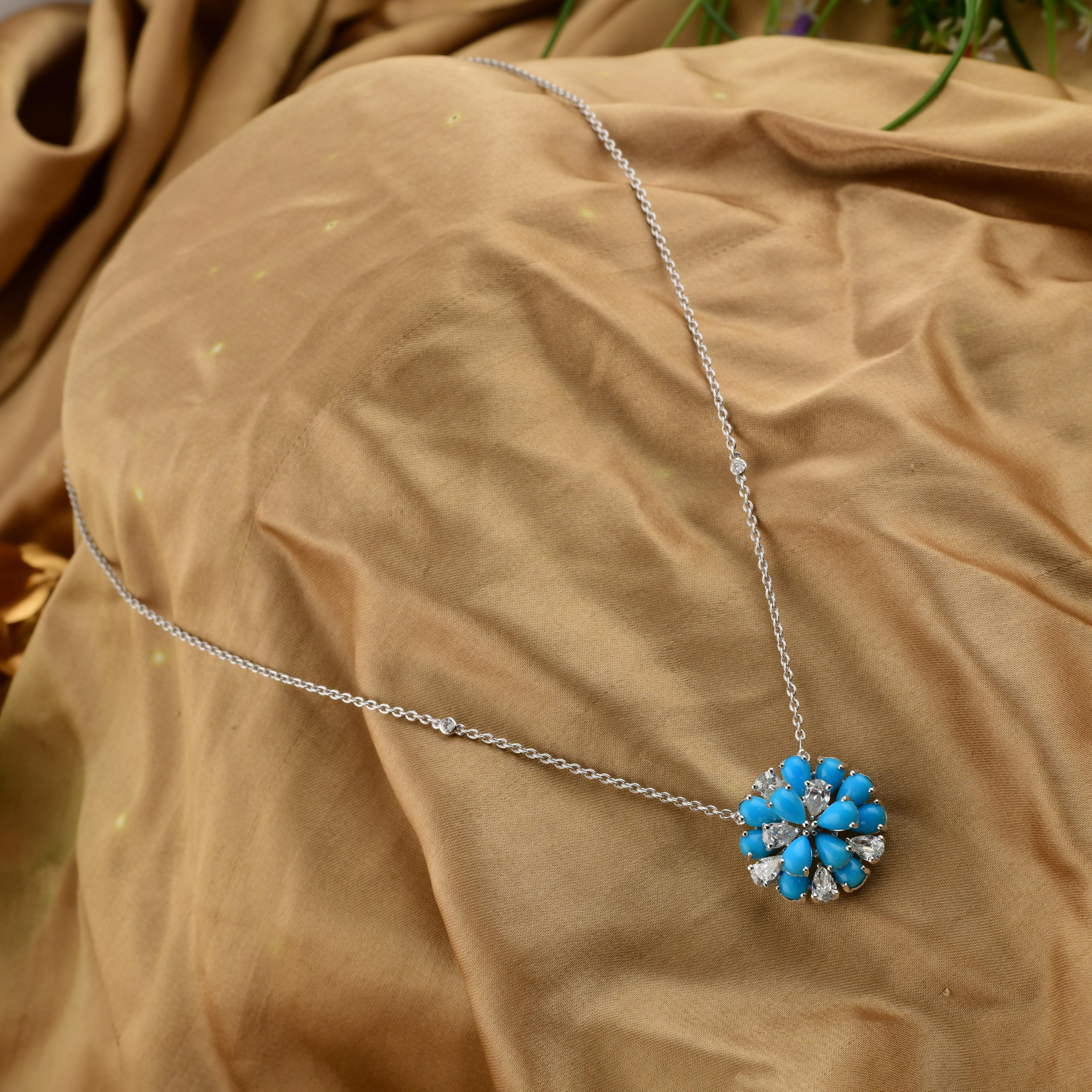 Moderno Collana minimalista con ciondolo a grappolo di diamanti turchesi in oro bianco 18 carati in vendita