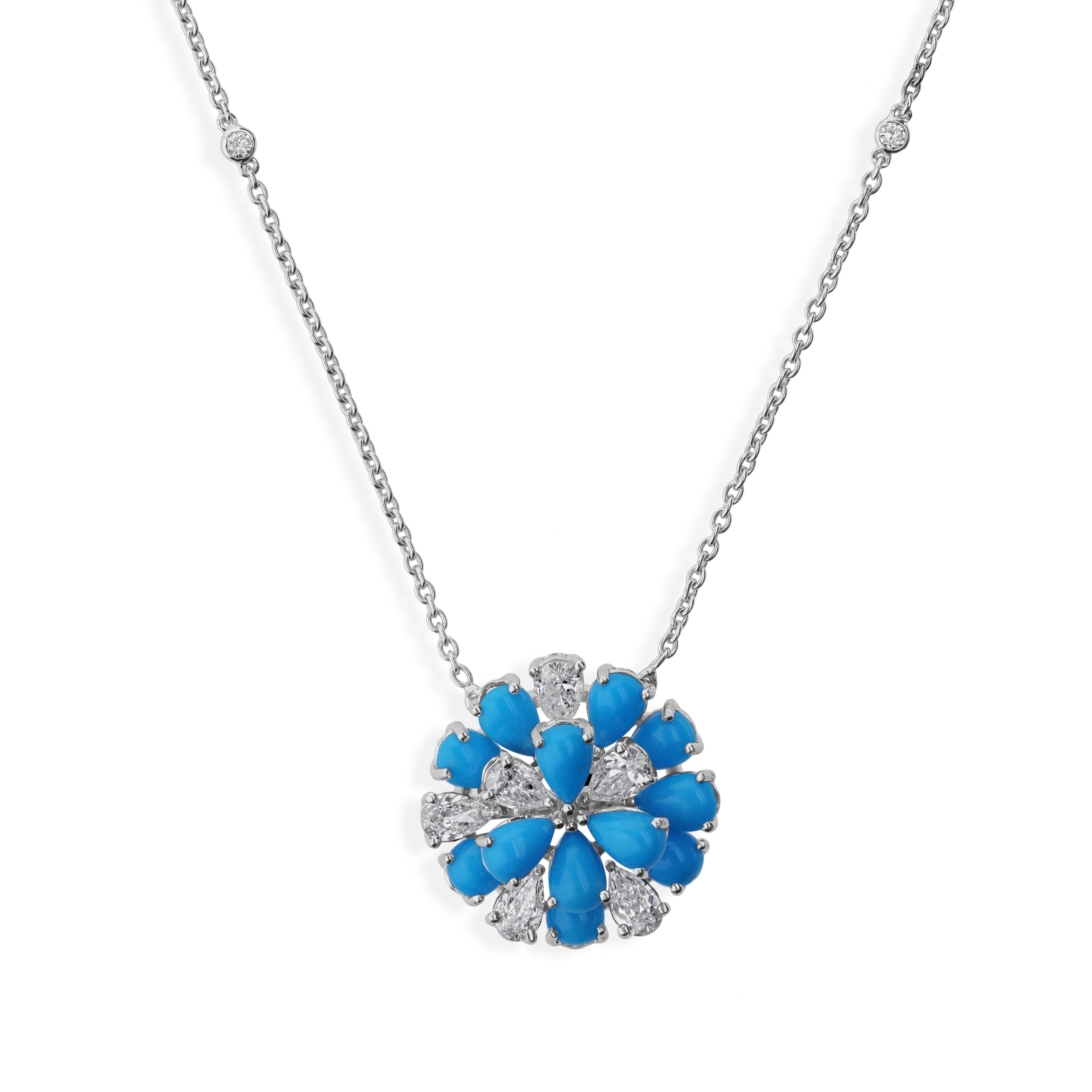 Taglio misto Collana minimalista con ciondolo a grappolo di diamanti turchesi in oro bianco 18 carati in vendita