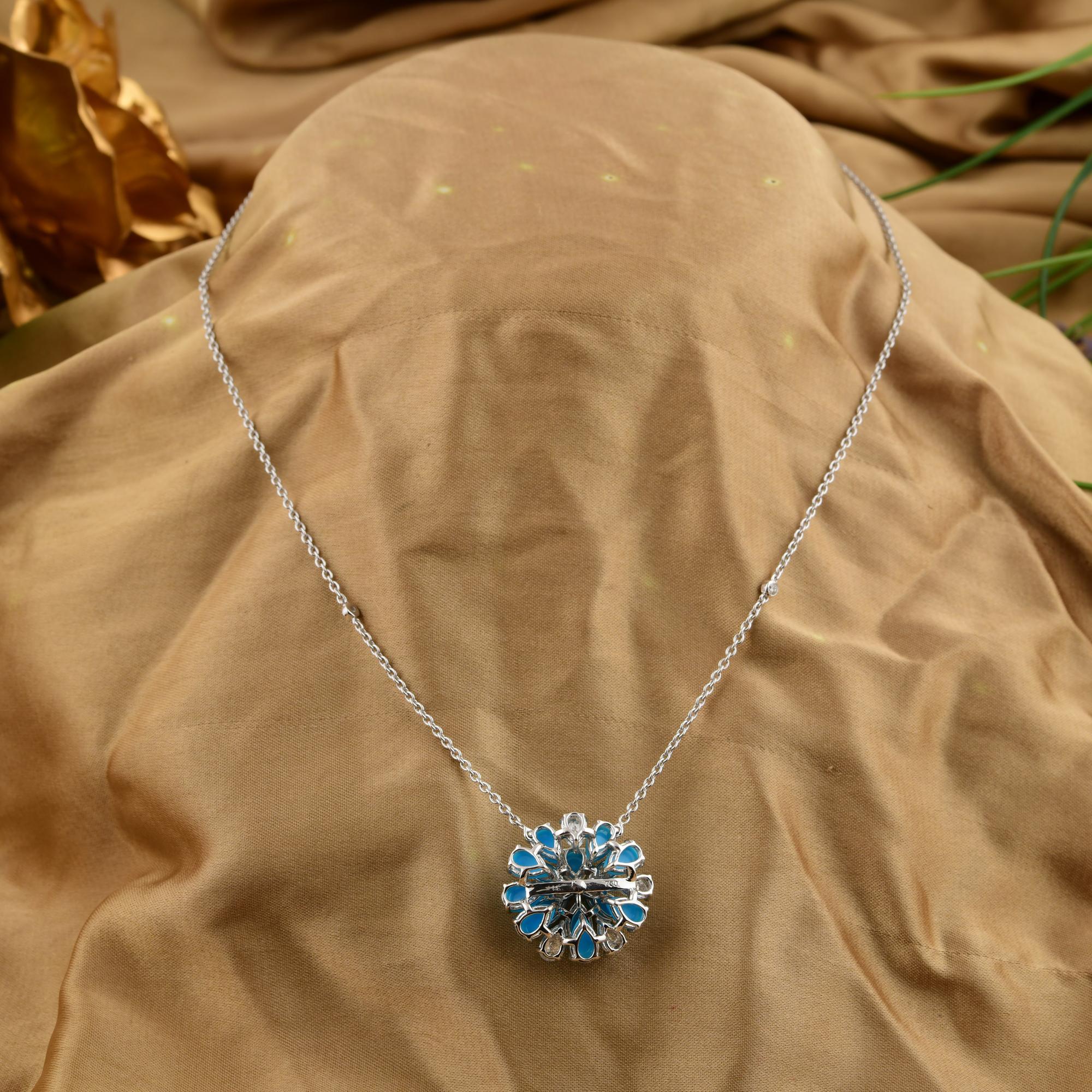 Donna Collana minimalista con ciondolo a grappolo di diamanti turchesi in oro bianco 18 carati in vendita