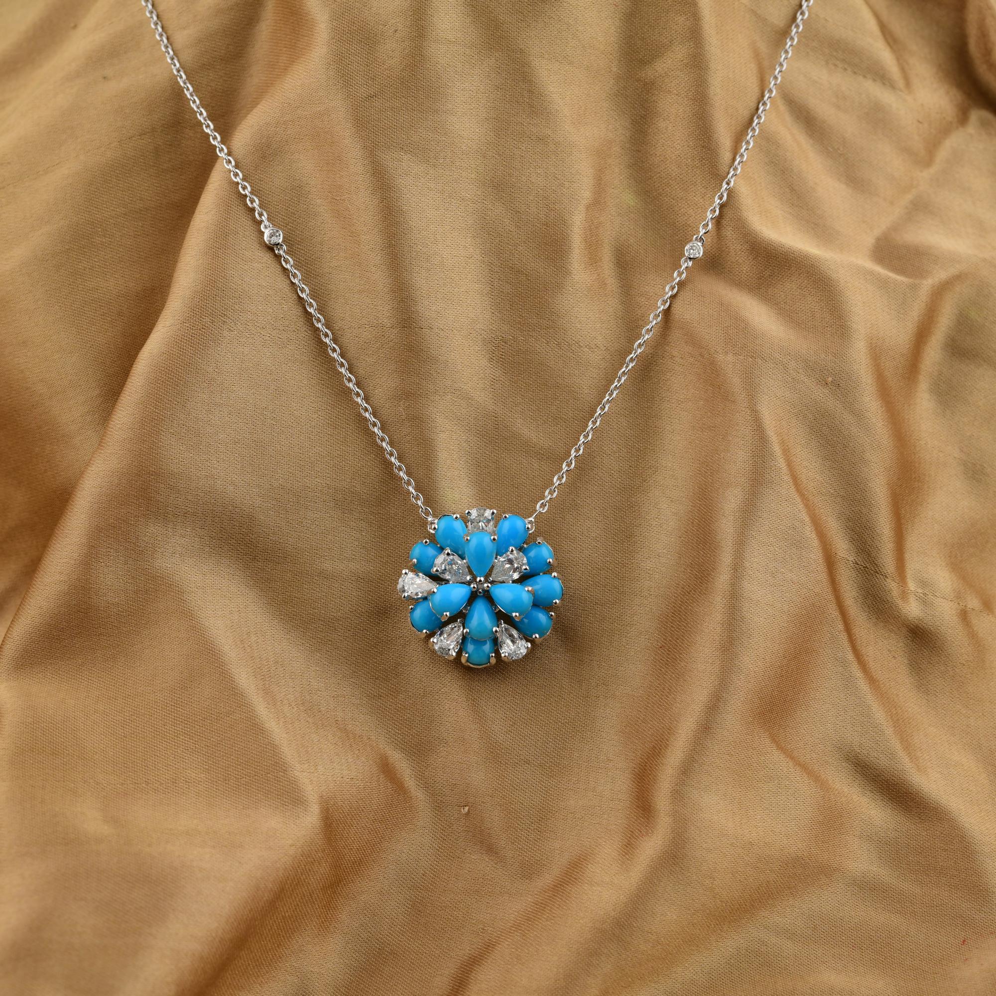Collana minimalista con ciondolo a grappolo di diamanti turchesi in oro bianco 18 carati in vendita 1