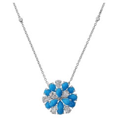 Minimalist Turquoise Diamond Cluster Pendant Chain Necklace in 18k White Gold