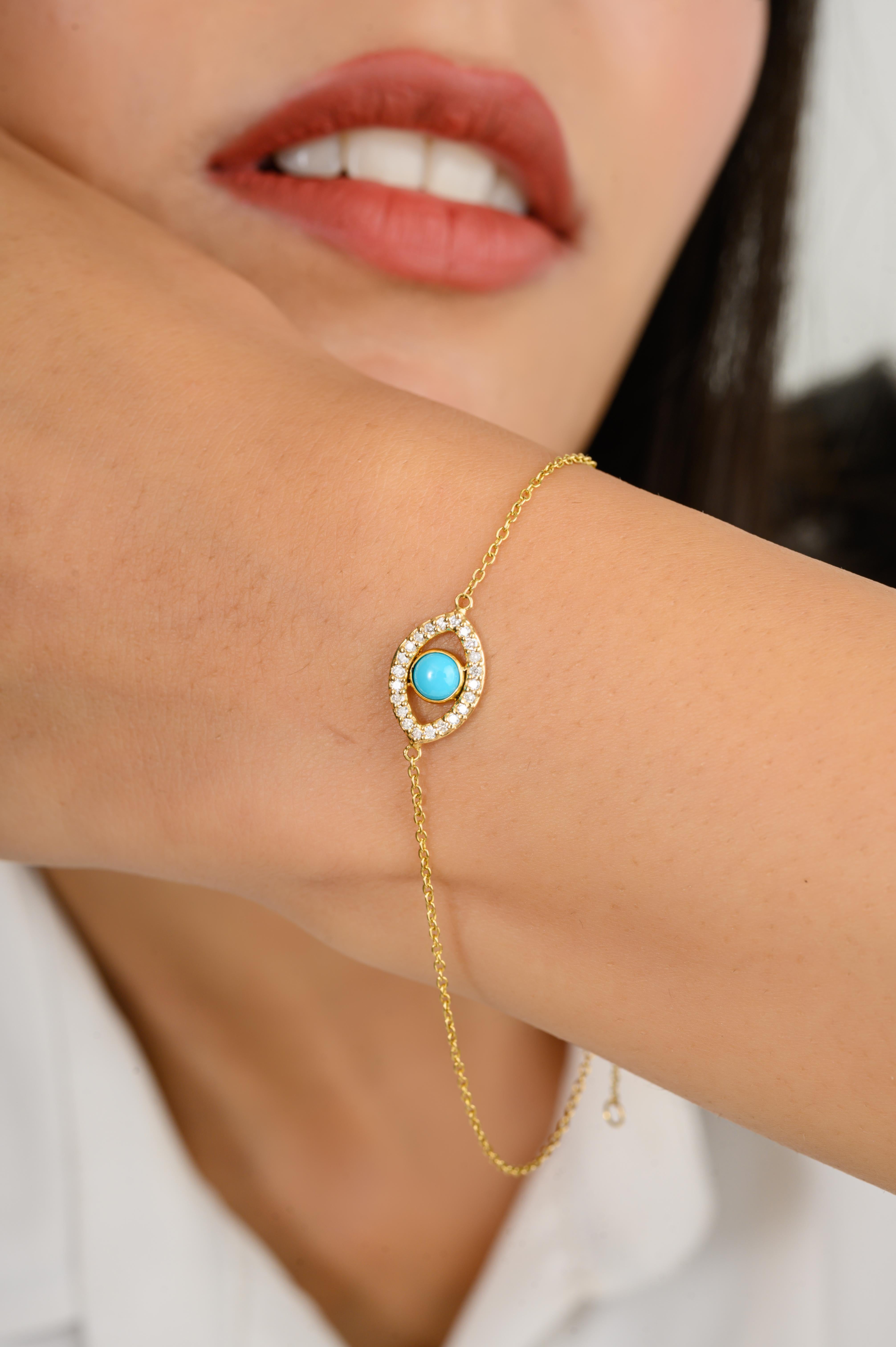 Bracciale minimalista a catena con diamante turchese e malocchio in oro giallo massiccio 18 carati in vendita 4