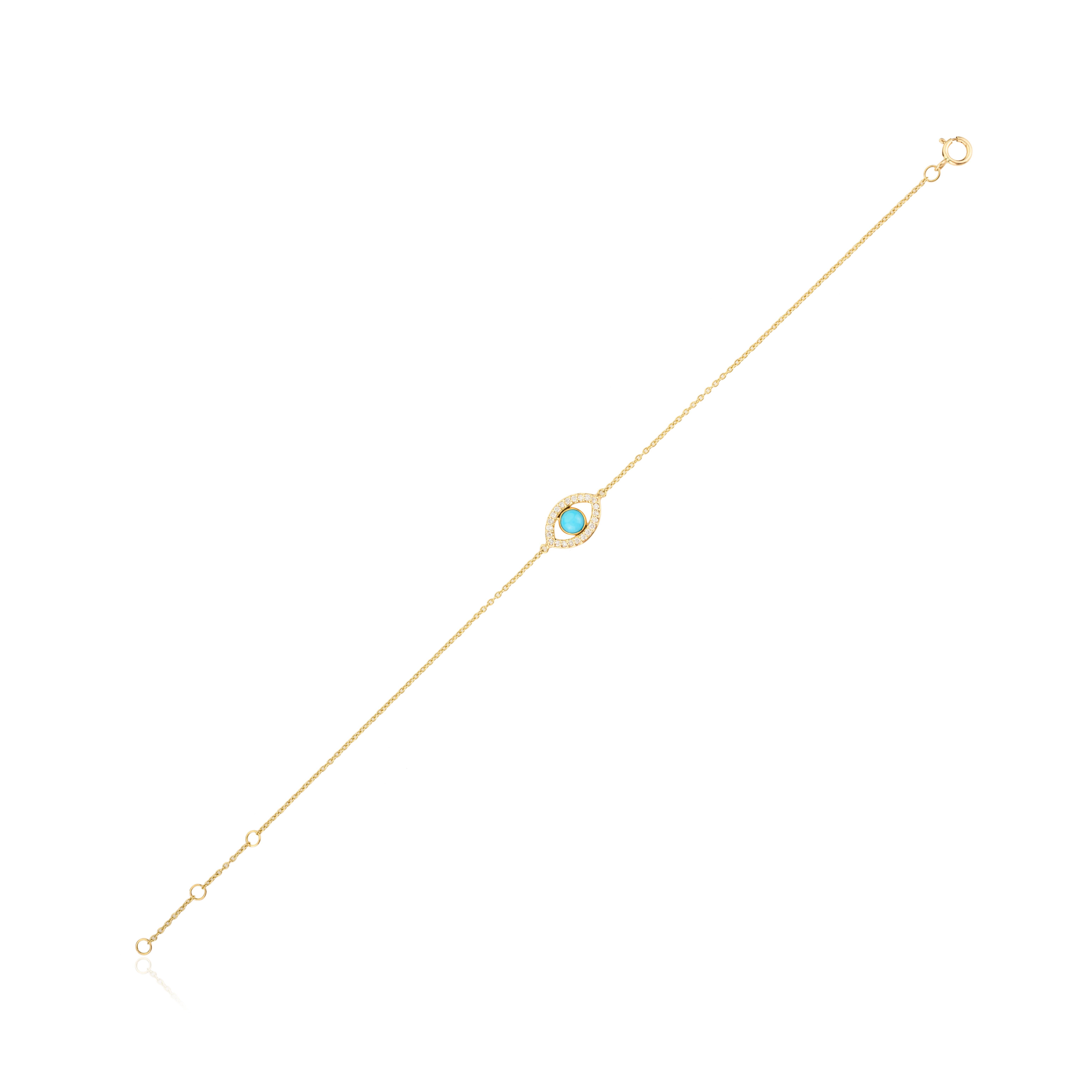 Moderno Bracciale minimalista a catena con diamante turchese e malocchio in oro giallo massiccio 18 carati in vendita