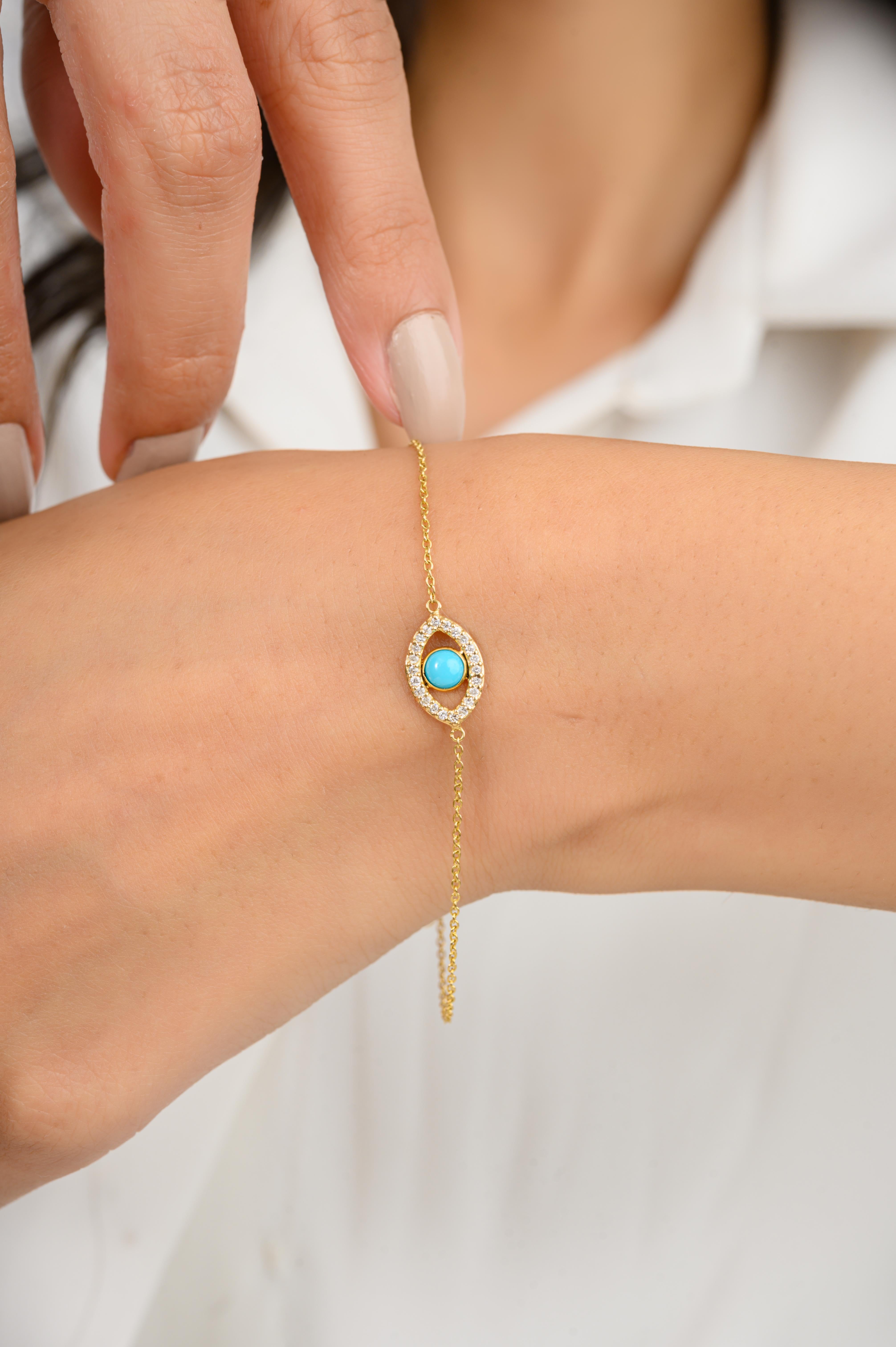 Taglio rotondo Bracciale minimalista a catena con diamante turchese e malocchio in oro giallo massiccio 18 carati in vendita