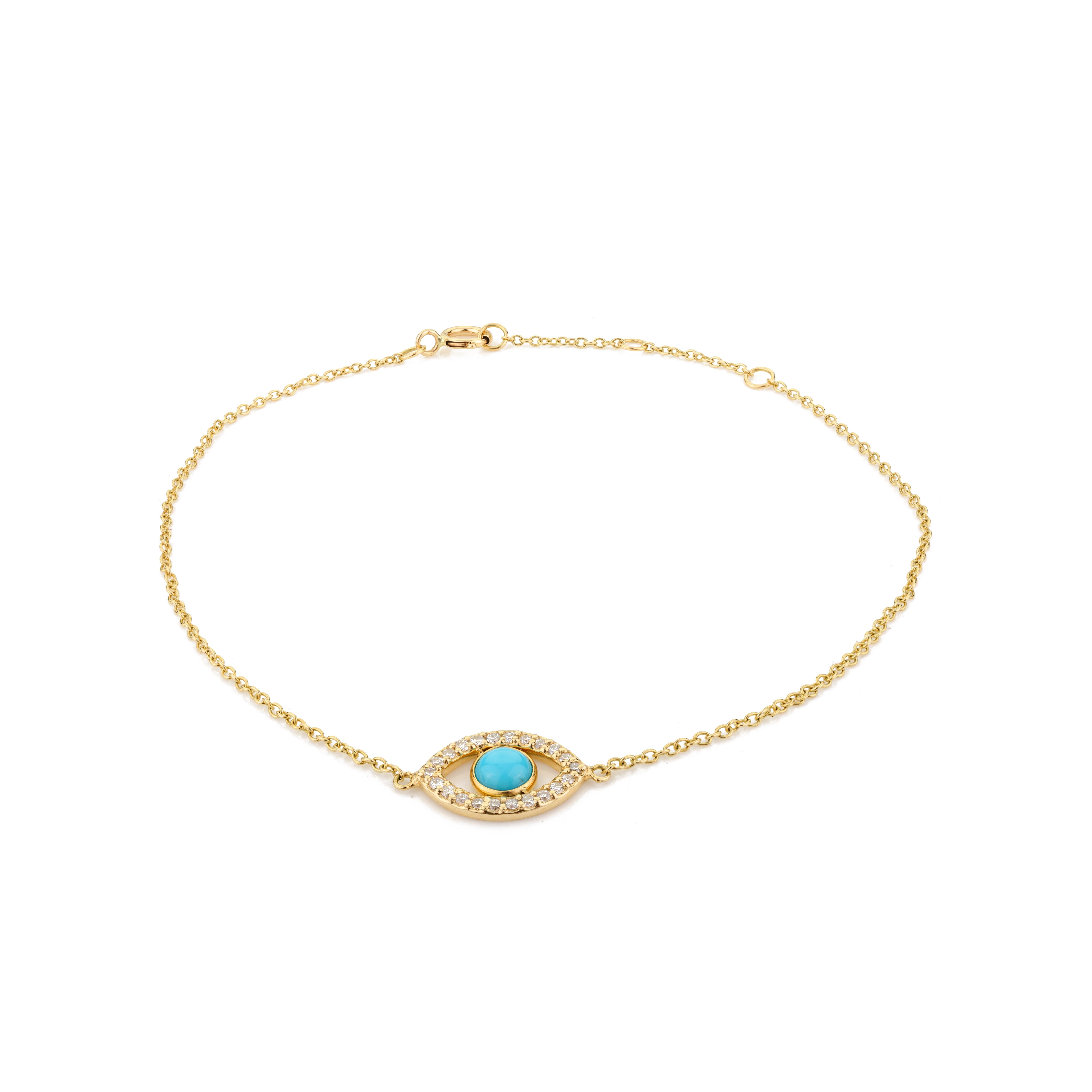 Bracciale minimalista a catena con diamante turchese e malocchio in oro giallo massiccio 18 carati In condizioni Nuovo in vendita a New York, NY