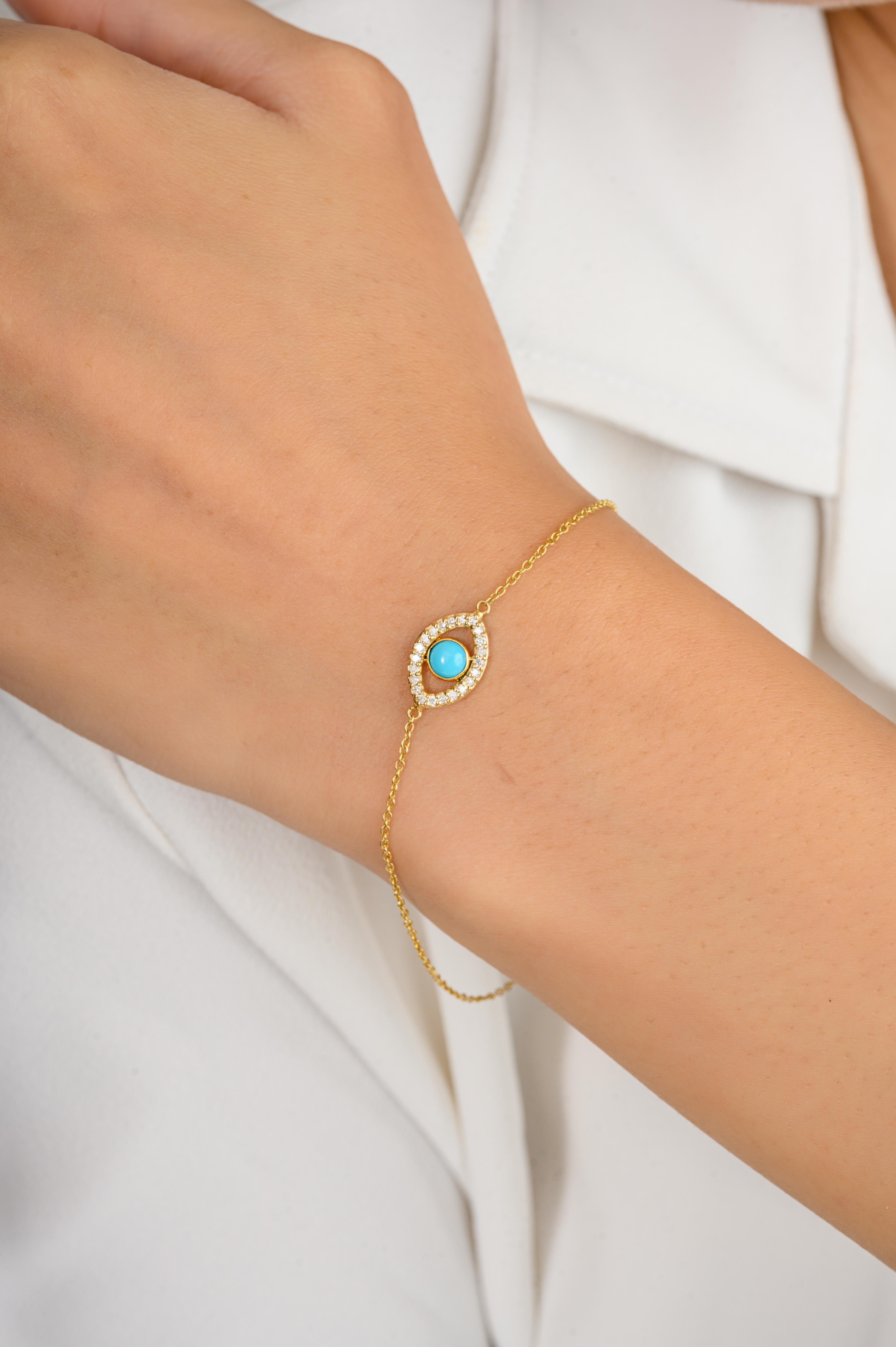 Donna Bracciale minimalista a catena con diamante turchese e malocchio in oro giallo massiccio 18 carati in vendita