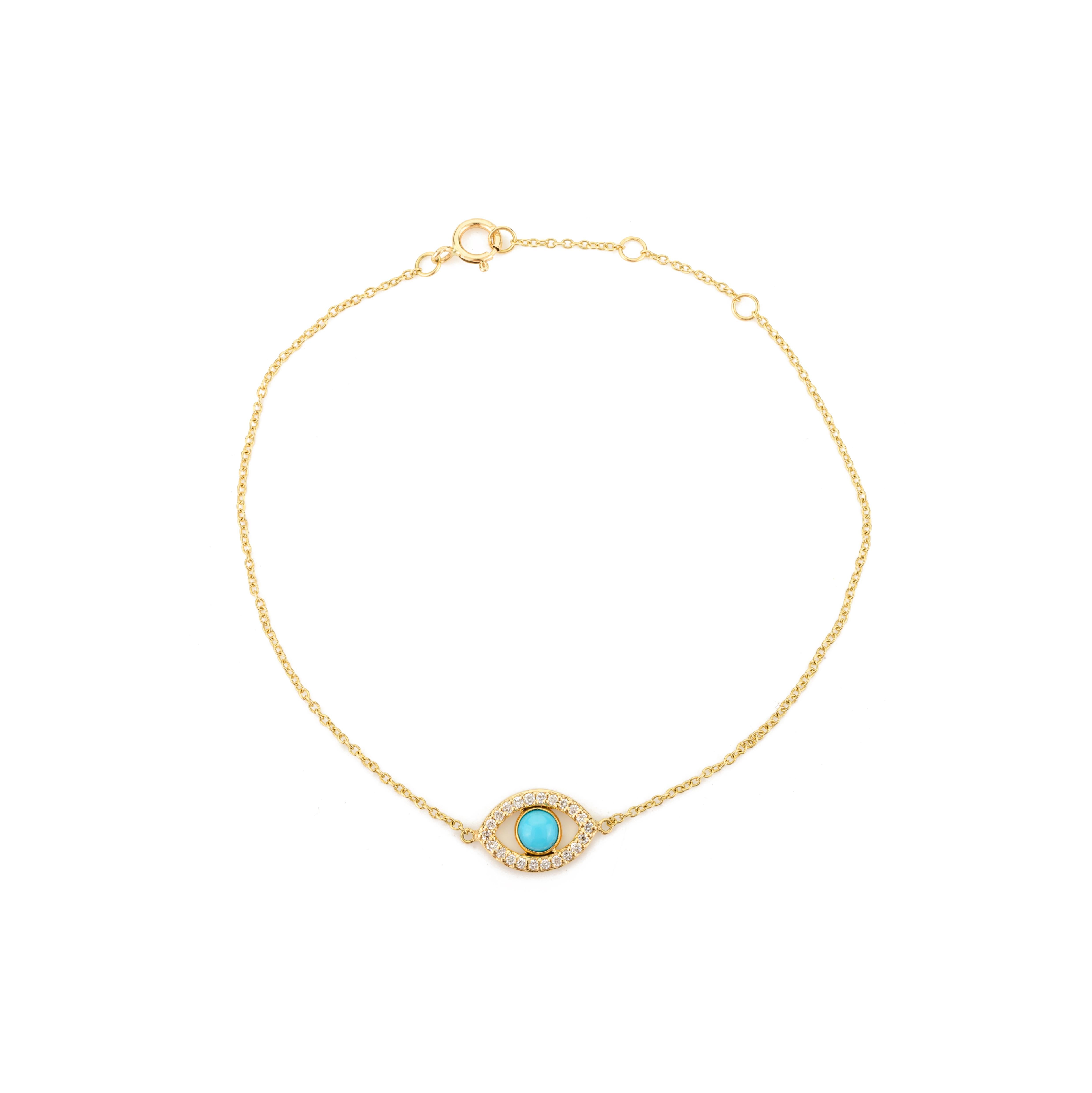 Bracciale minimalista a catena con diamante turchese e malocchio in oro giallo massiccio 18 carati in vendita 1