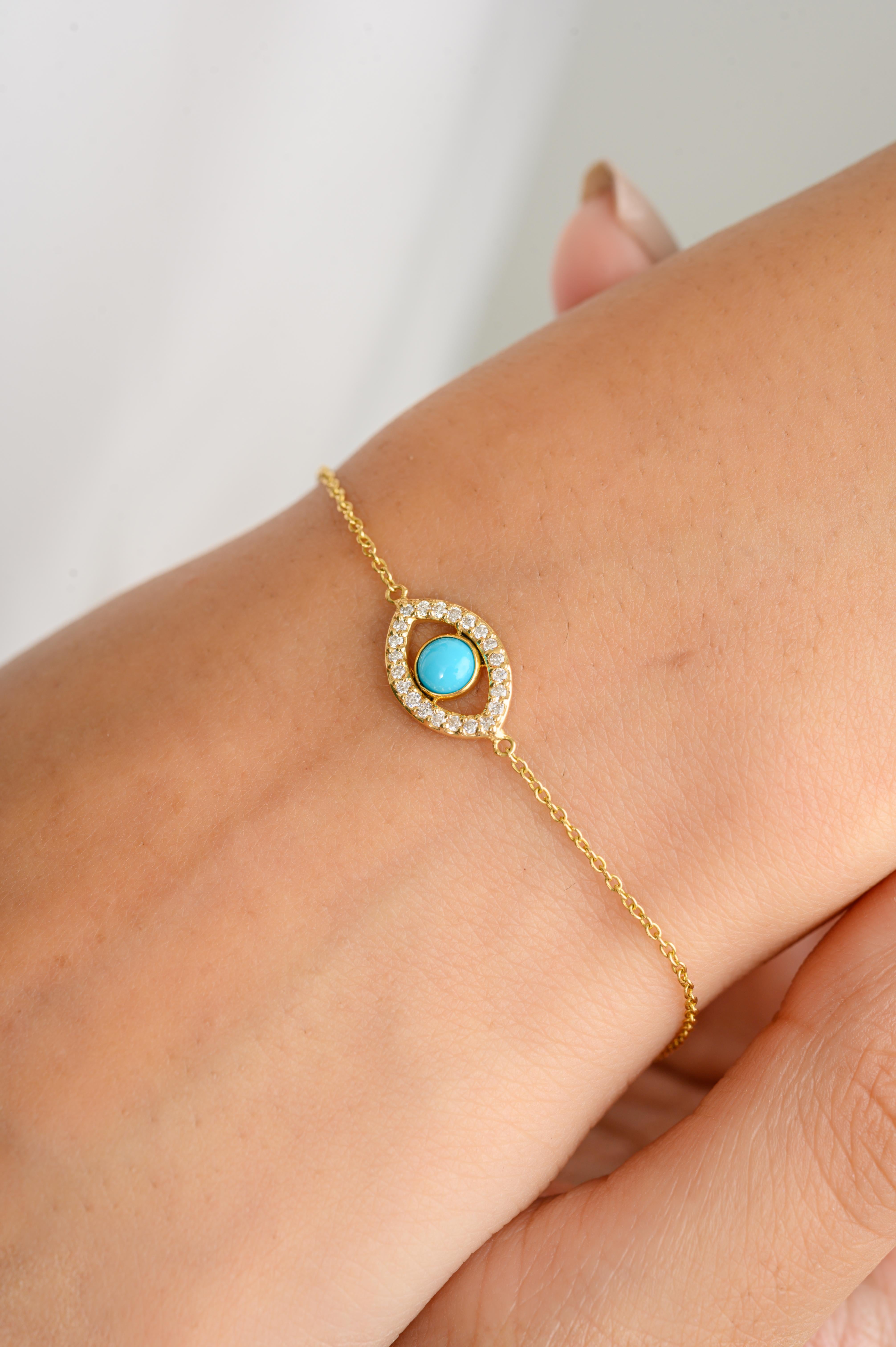 Bracciale minimalista a catena con diamante turchese e malocchio in oro giallo massiccio 18 carati in vendita 2