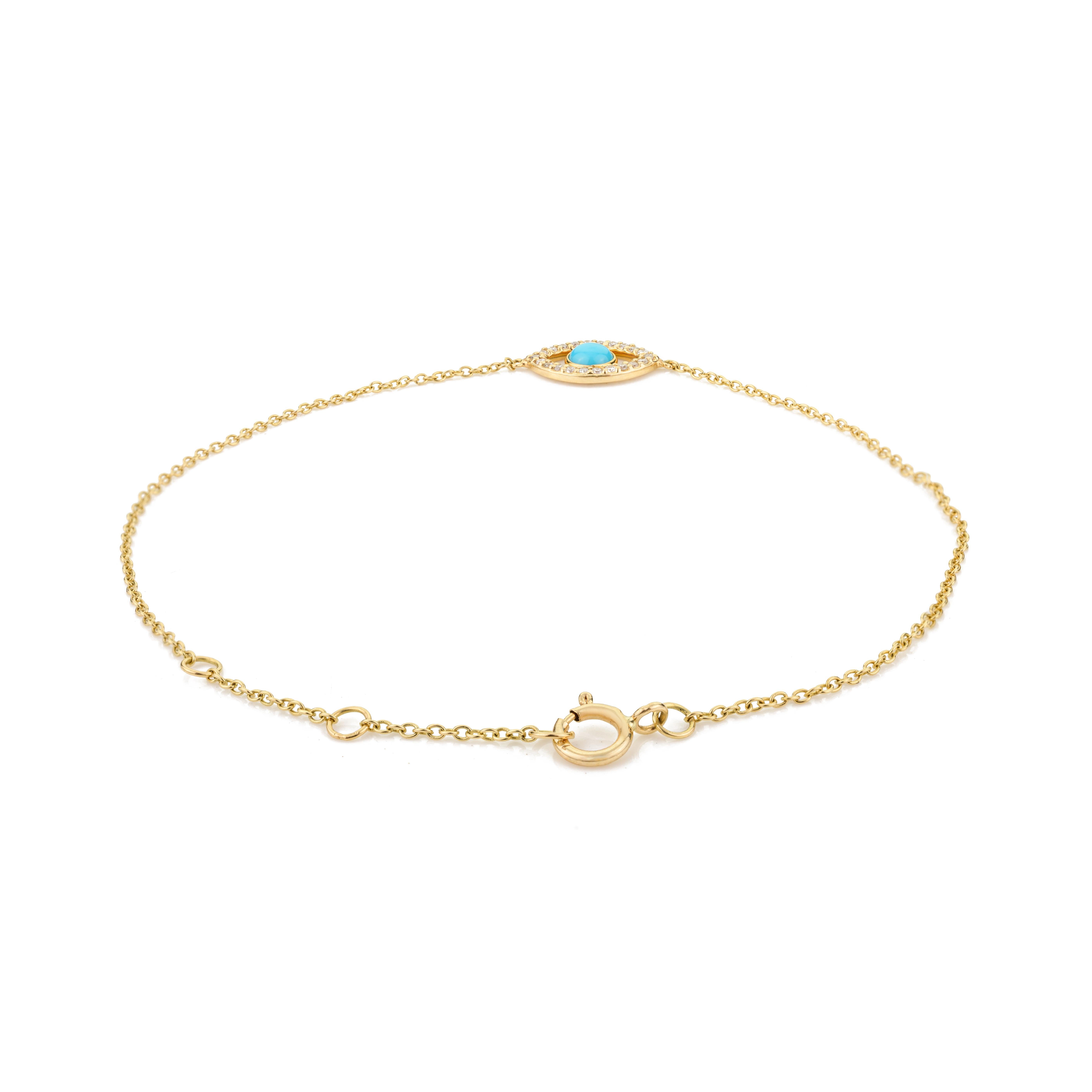 Bracciale minimalista a catena con diamante turchese e malocchio in oro giallo massiccio 18 carati in vendita 3